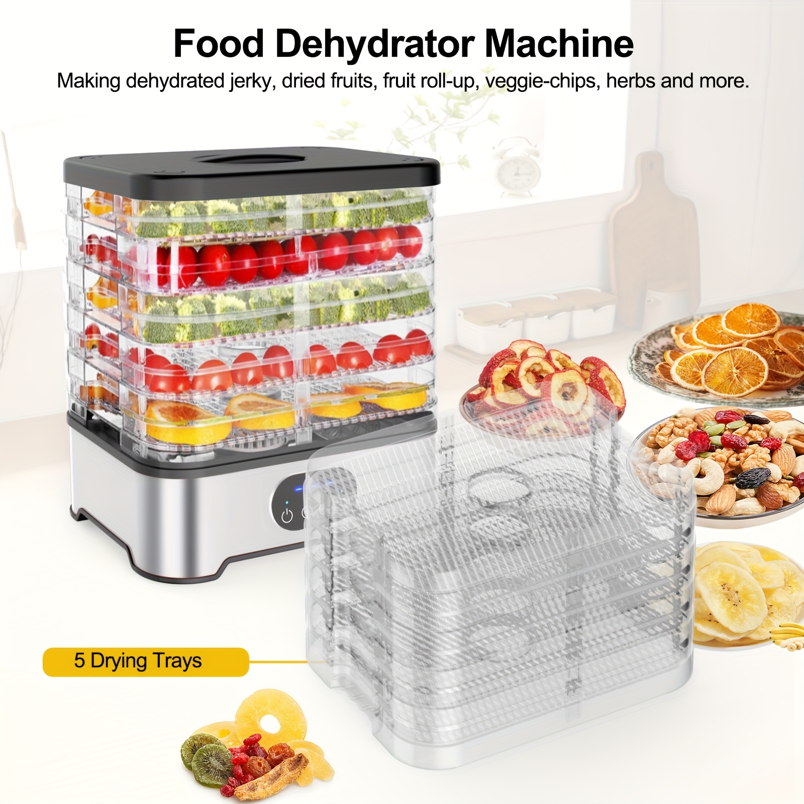 uk food dehydrator   with 5 trays food dryer for jerky fruits herbs vegetables   etc electric food preserver with 1 72 hour timer temperature control fan   temperature display stainless steel material Product details 6
