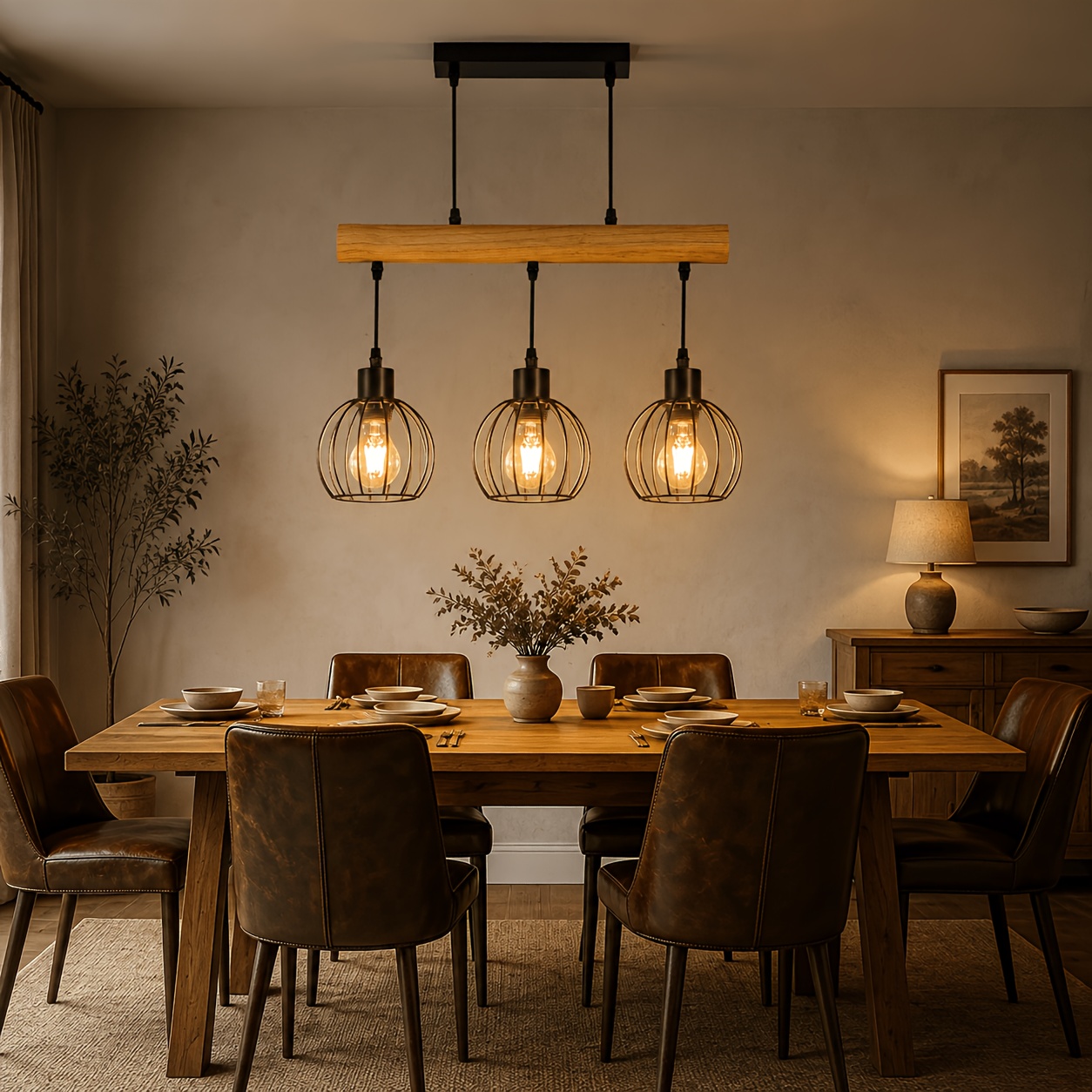 Image of Dining Table Chandelier, Wooden Vintage Style: E27 E27 Chandelier For Dining Table, Vintage Chandelier With Wooden Beam For Living Room And Dining Room (bulb Not Included)