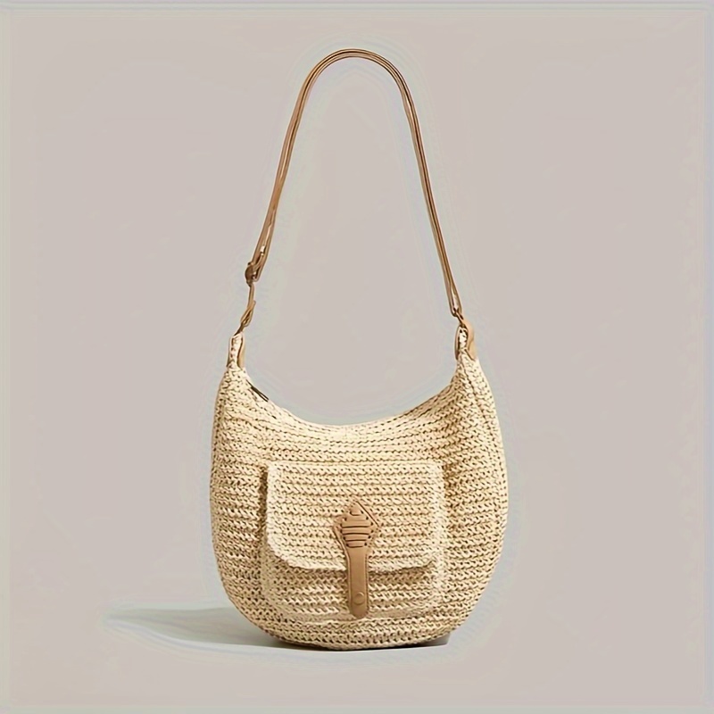 TEMU Women's Fashion Large Capacity Woven Straw Crossbody Bag With Adjustable Shoulder Strap, Handmade Dumpling Shape Hobo Satchel, Zipper Closure, Ideal For Vacation Travel And Shopping