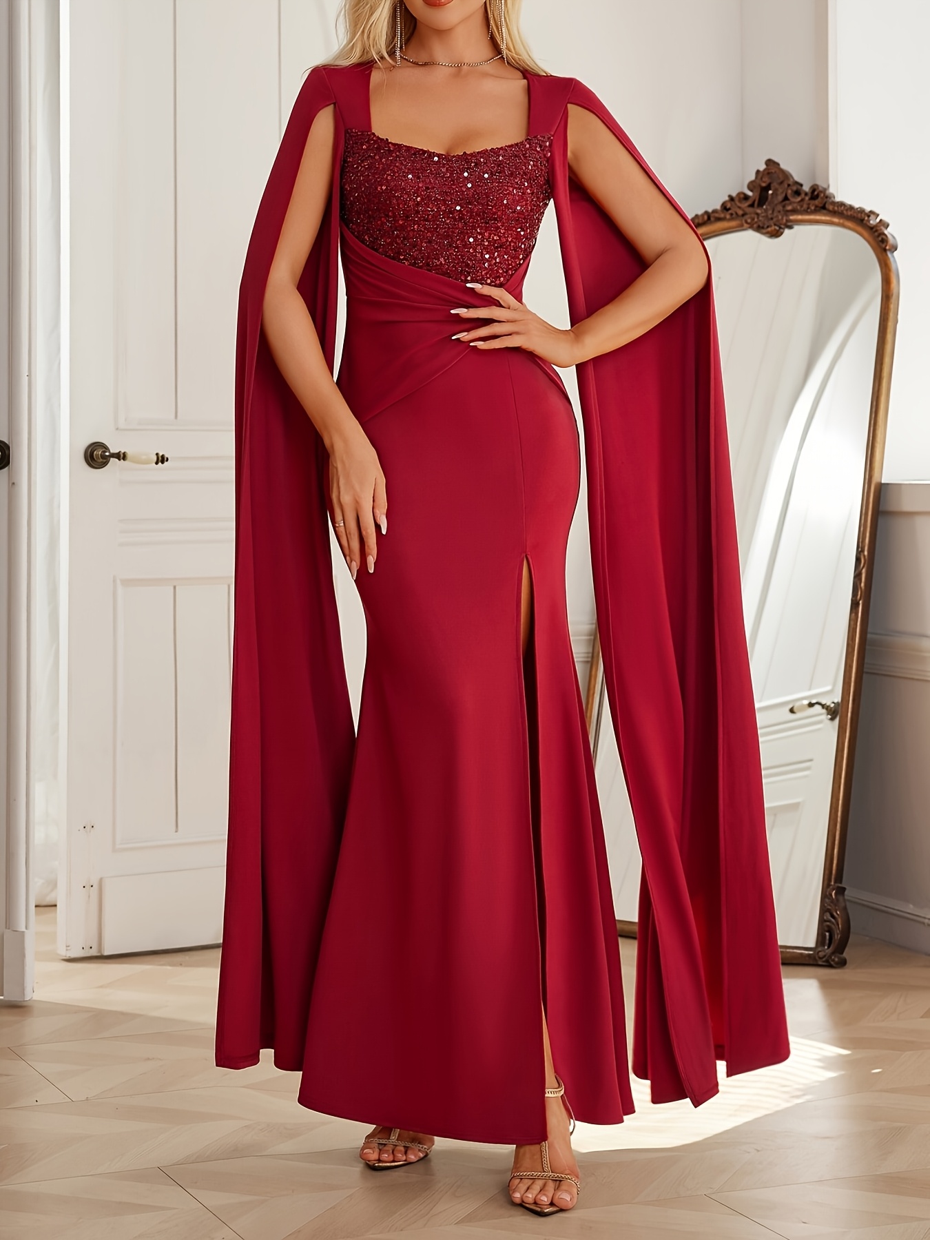 burgundy dresses for damas Lace-Bodice Long A-Line Formal Dress with Short Sleeve Burgundy / 4XLarge