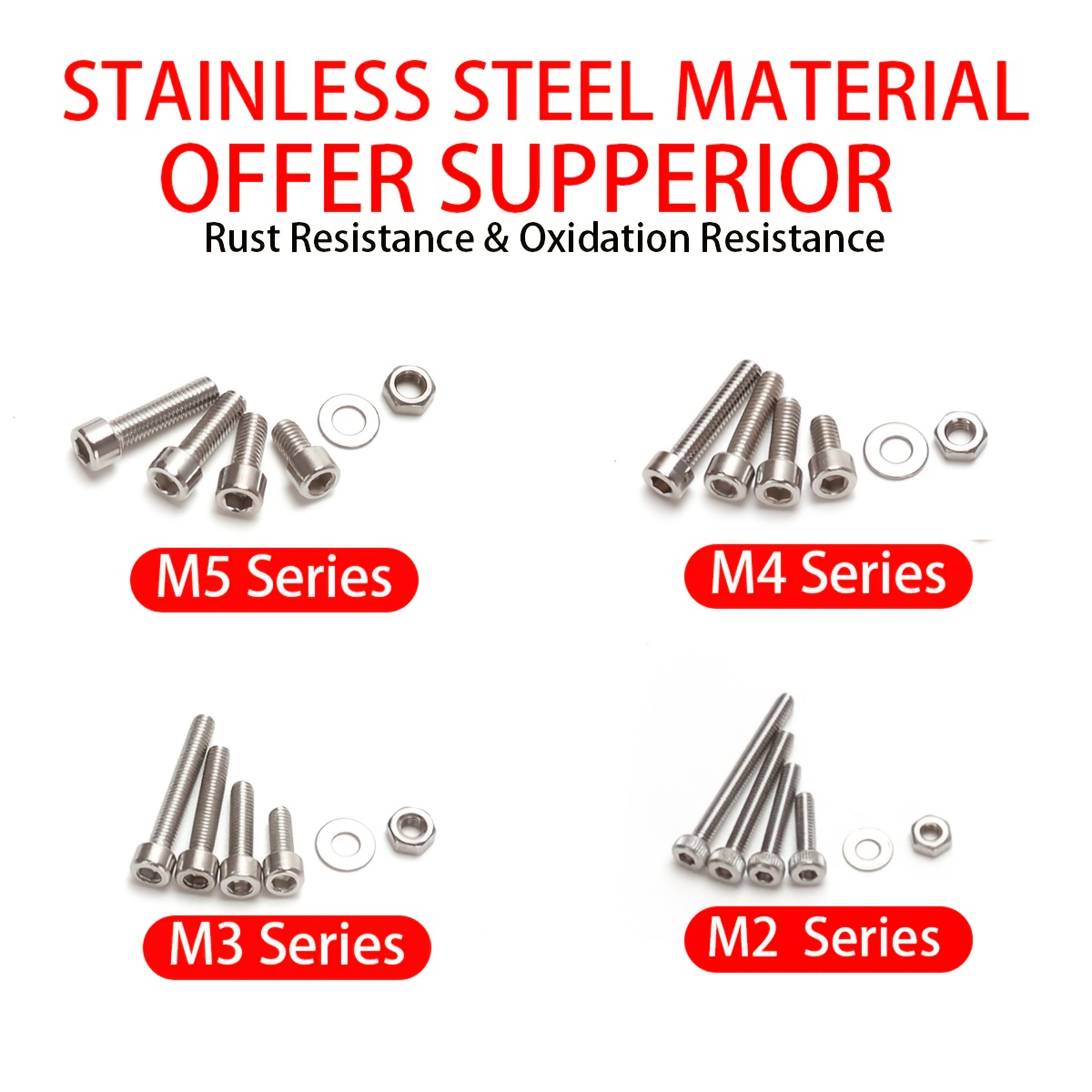 Juego de 480 piezas de tornillos y tuercas hexagonales de acero inoxidable - M2, M3, M4, M5, cabeza hexagonal - Incluye llave de fregona plana