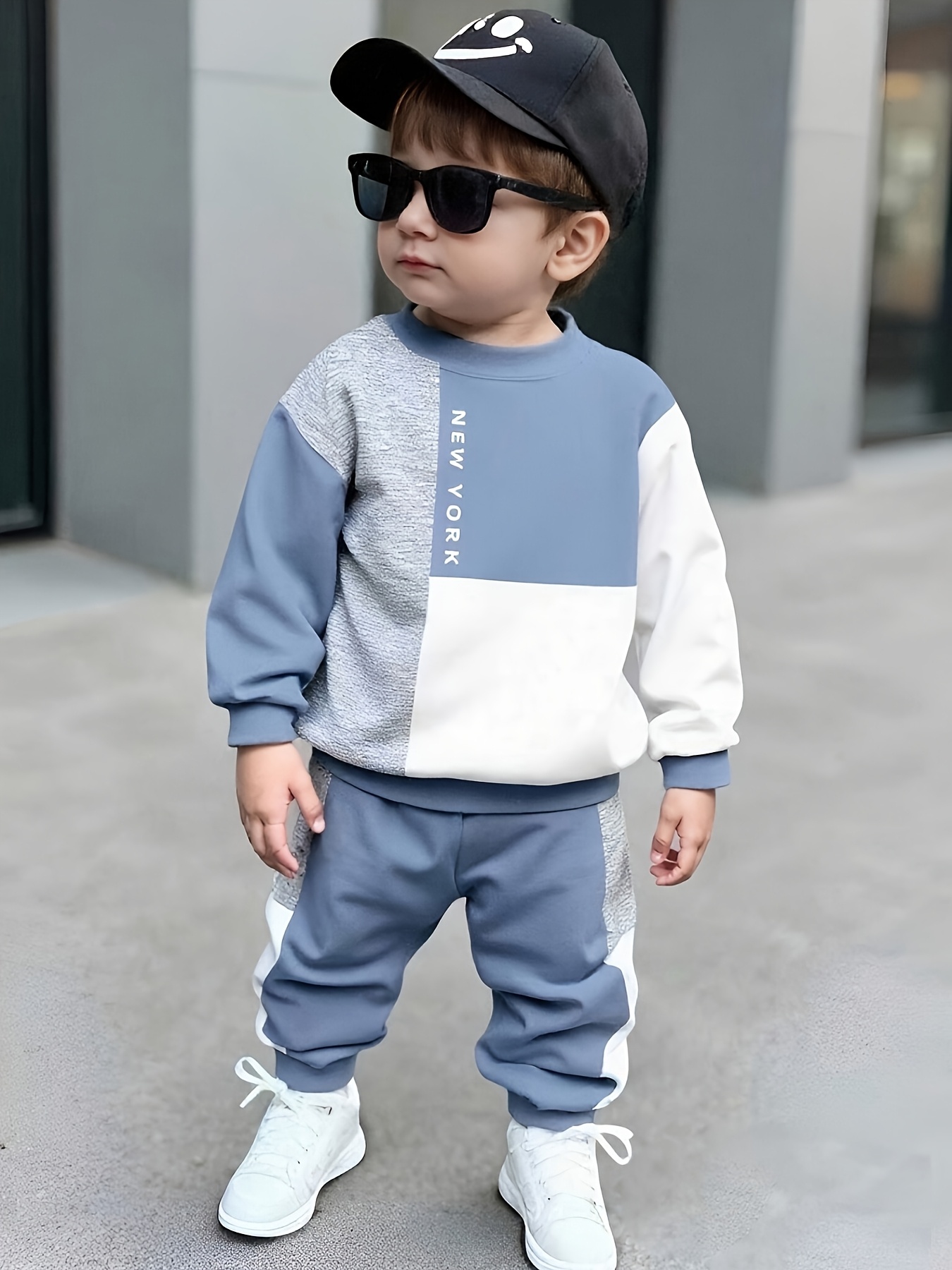 2pcs baby boy color block letter print crew neck t shirt sweatshirt pants newborn set for outdoor