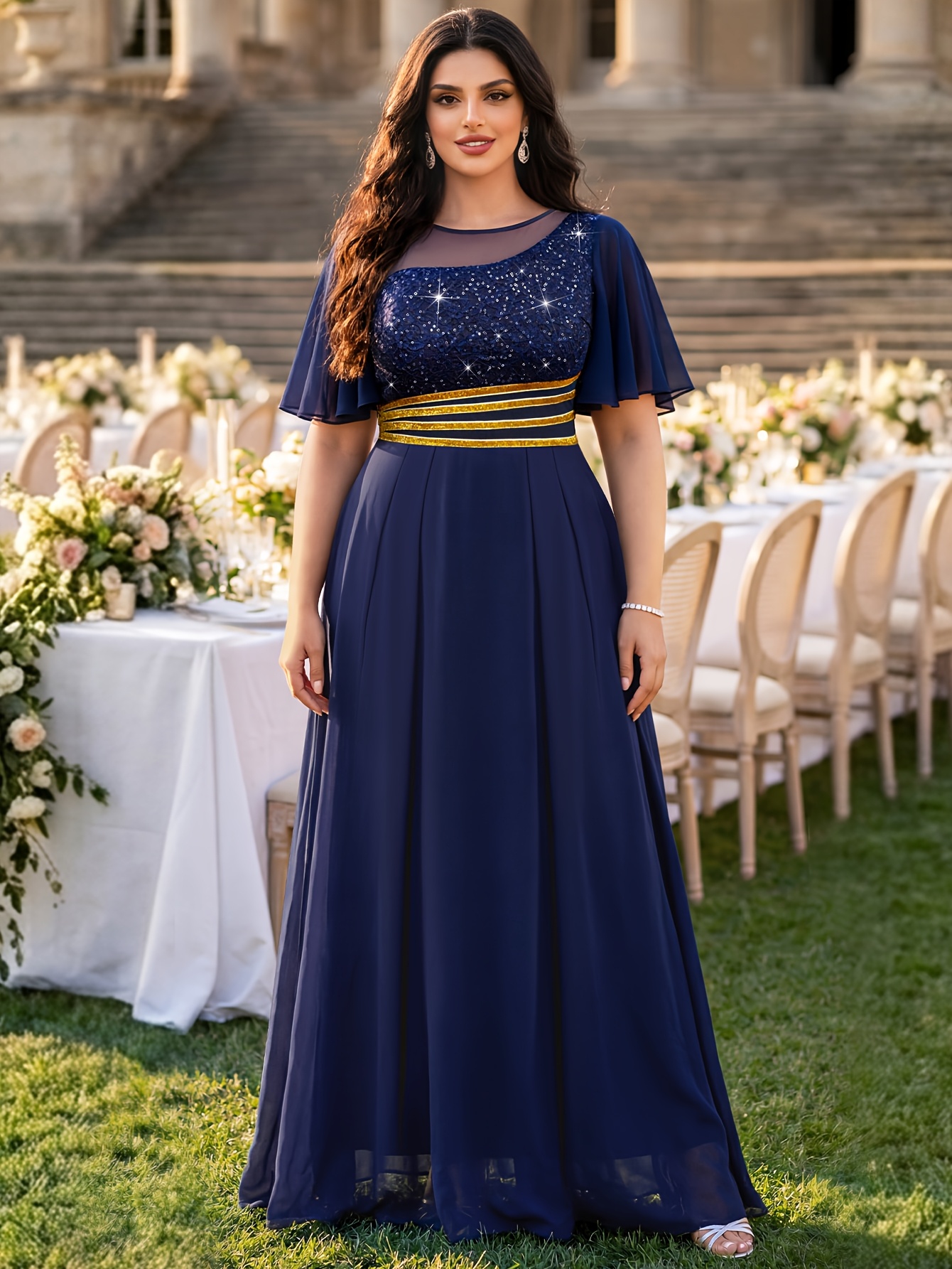 Plus Size, 24482 Round Neck Ruffle Chiffon Short Sleeve Spliced Beaded  Floral Lace Waist Drawstring Elegant Banquet Plus Size Women's Long Dress