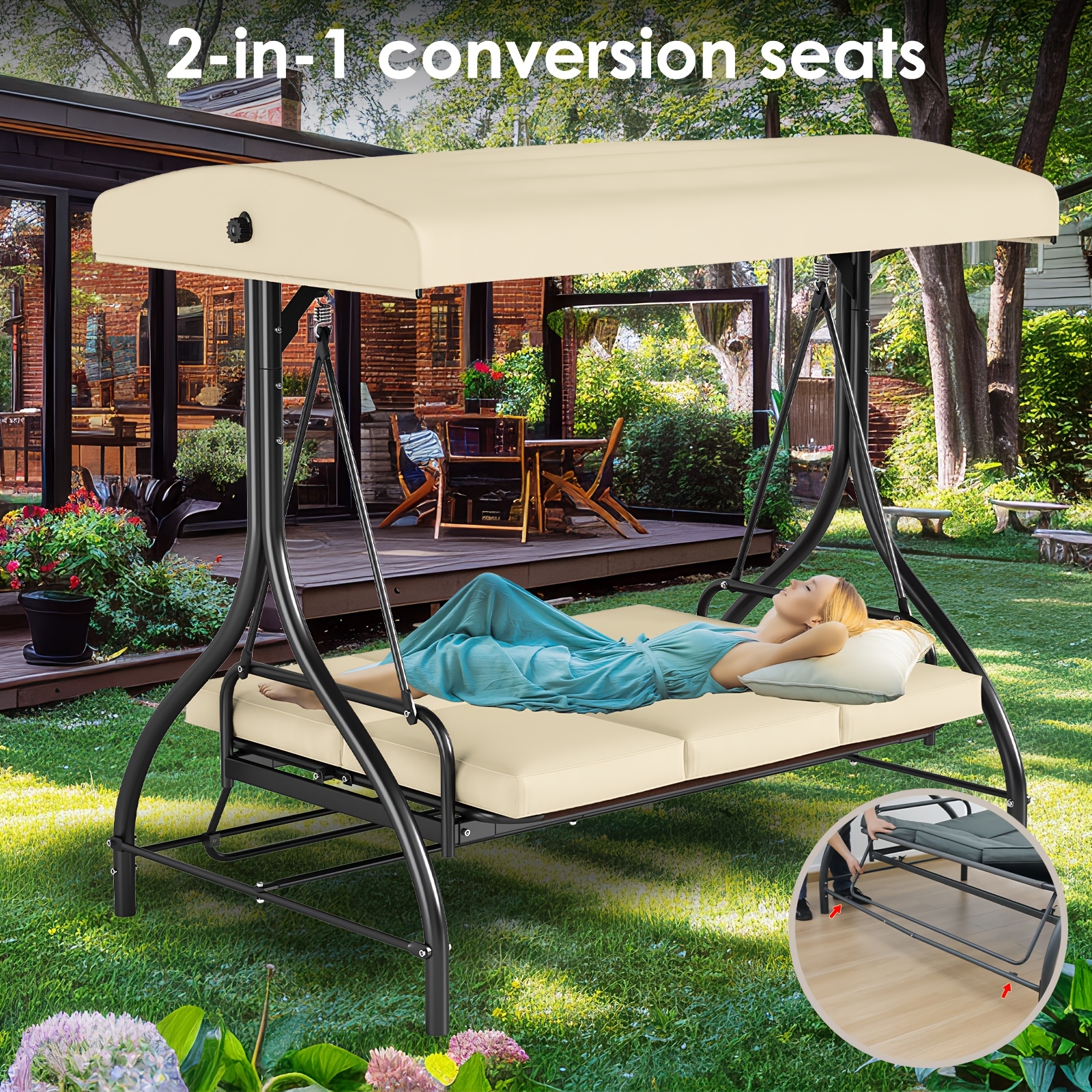 seater heavy duty outdoor swing chair adjustable canopy Temu