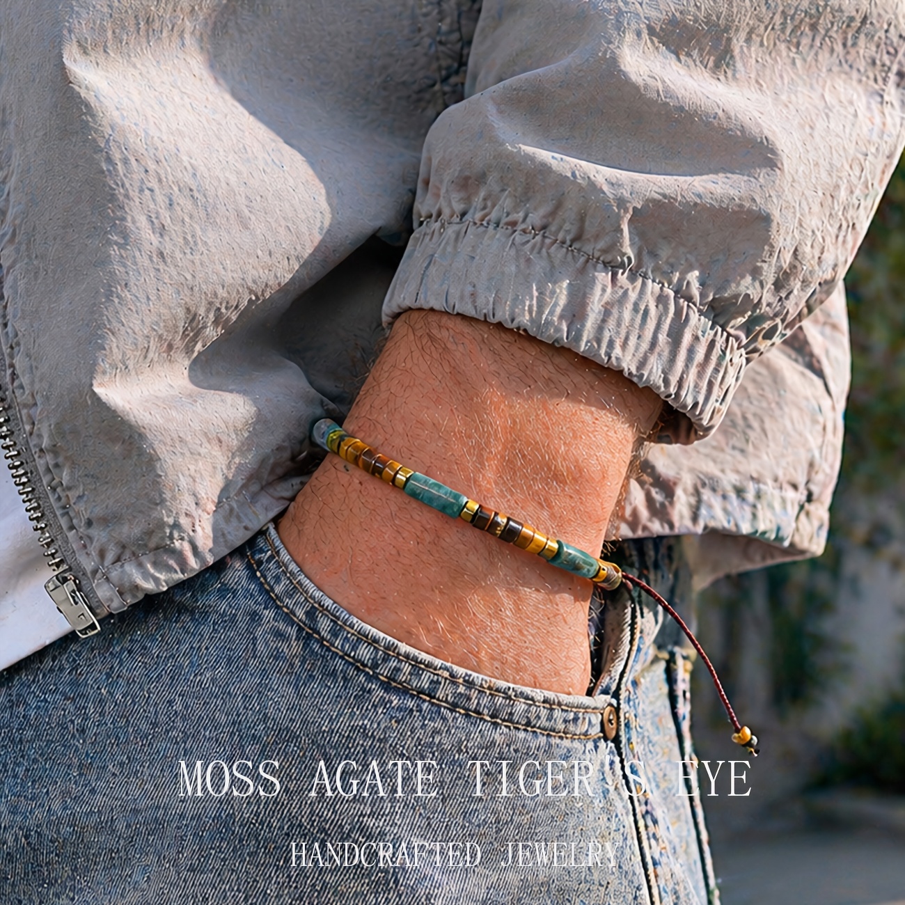 Moss Agate Tiger's Eye Round Bead Men's Bracelet