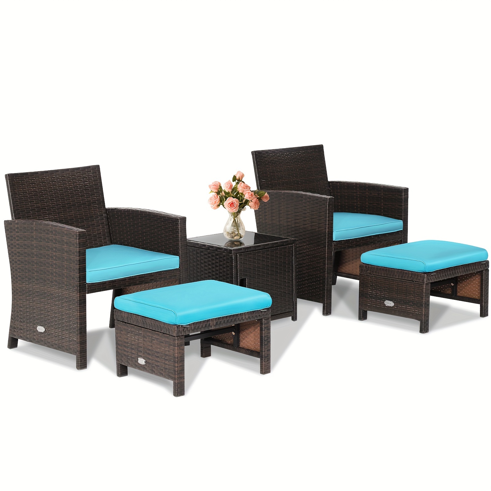 

5pcs Patio Rattan Furniture Set Ottoman Cushion W/cover Space Saving Turquoise