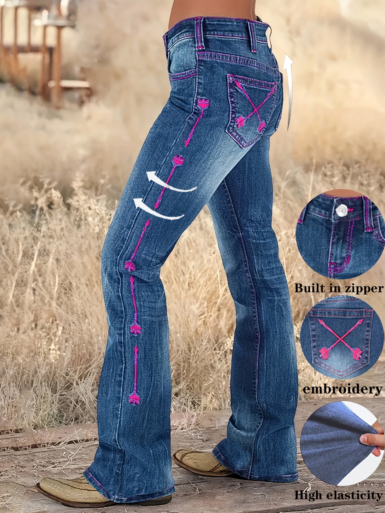 Pantalones de elásticos de cintura para mujer con bordado Jeans  acampanados con cremallera, pantalones casuales para las estaci