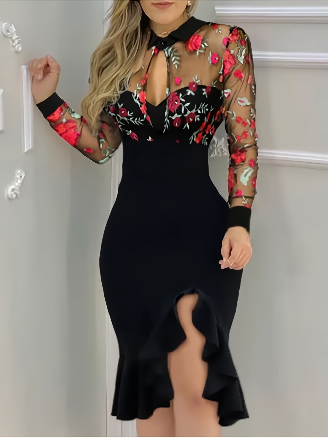 ladies spring mesh crepe skirt long sleeve - Temu