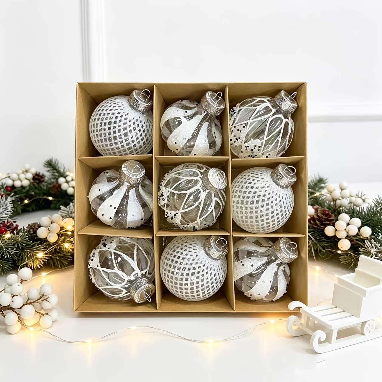 TEMU Christmas, 9pcs Set Of White Transparent Christmas Ornaments In A Box, Tree Hanging Balls, Decorative Balls, Christmas Decorations, Outdoor