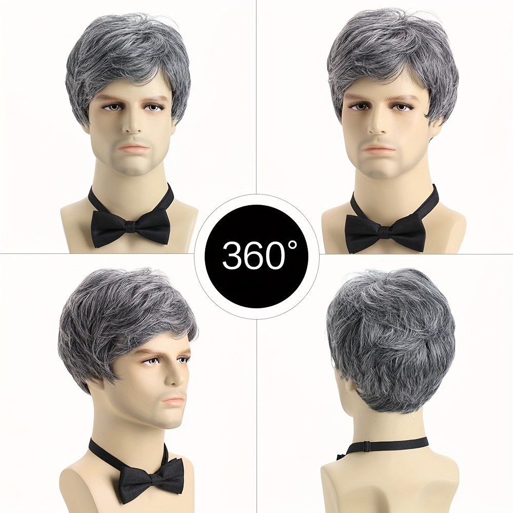 Men'S Fashion Wig, Cool Stylish Short Wavy Gray 25.4 cm Synthetic Fiber with Side Bangs, Daily Wear, Role Play, Halloween, Nightclub, Party Costume, Polyester Material, Hand Wash Only, Heat Resistant details 0