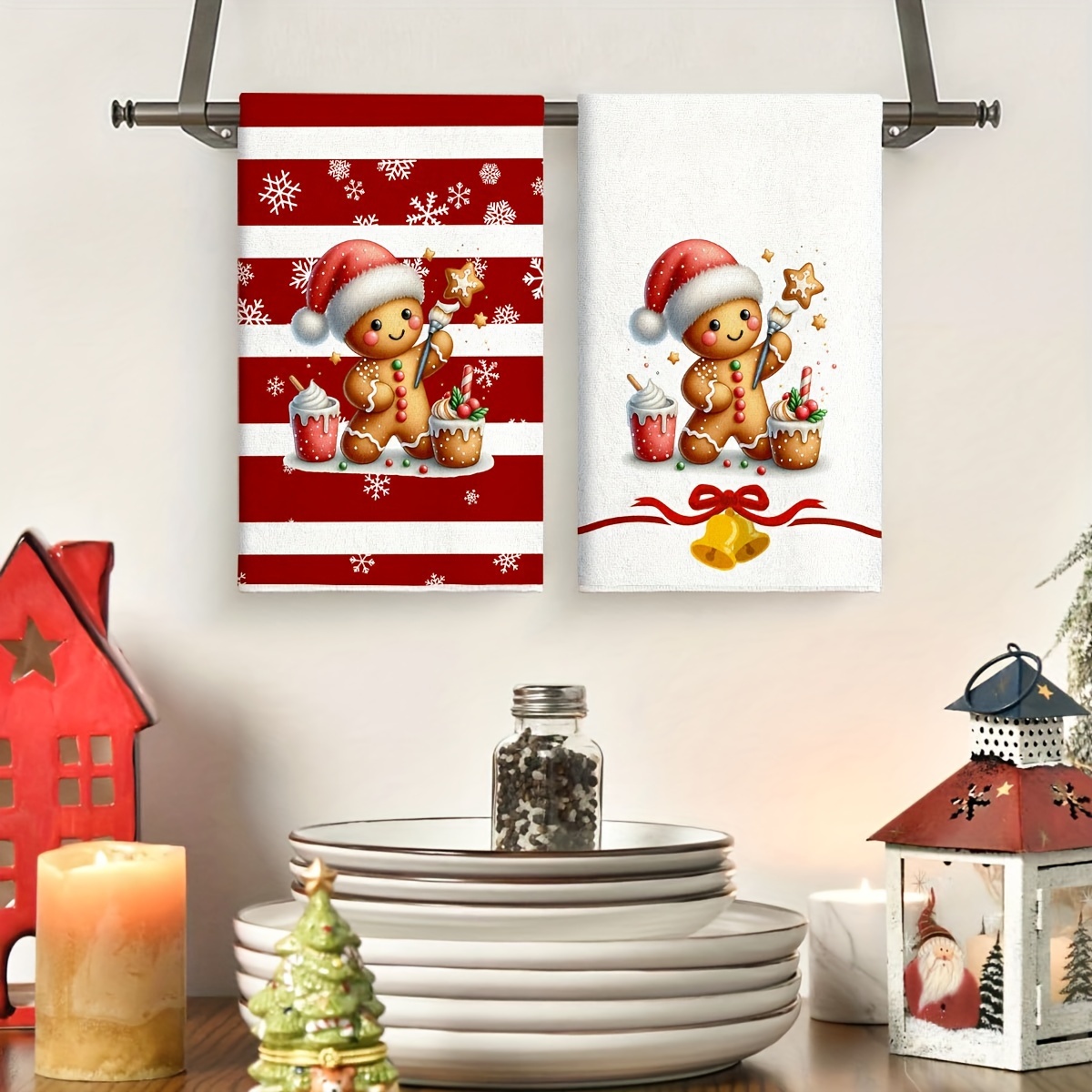 

2pcs Christmas Kitchen Towels - Ultra Absorbent, Soft Polyester Dish & Hand Towels With Gingerbread For Man Design - Cooking, Baking, And Housewarming Gifts