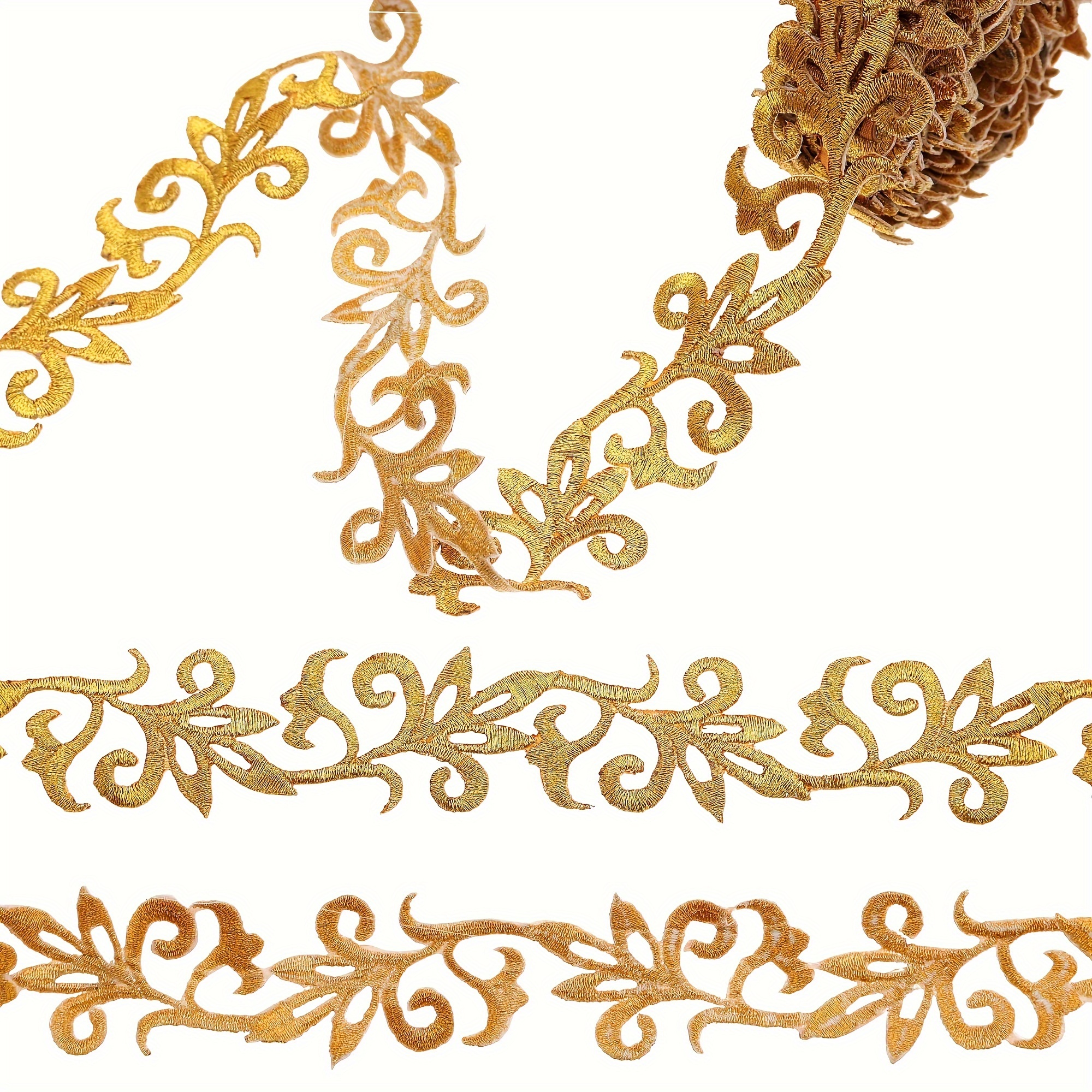 

Golden Lace Ribbon Embroidered Iron-on Trim: Festive Floral Applique For Clothing, Sewing, And Crafts Decoration