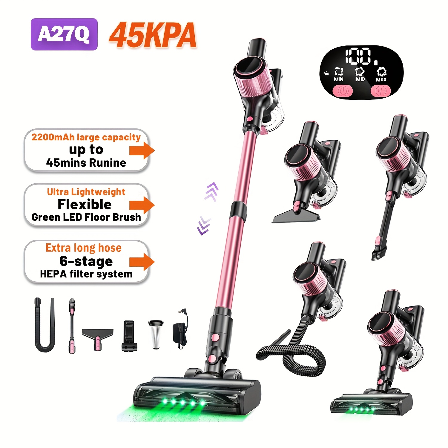 10in 1 High Suction Handheld Vacuum Cleaner For Lightweight Cordless Vacuum Cleaner, 45 Minutes Range With Upgraded Extra-long Hose, Anti- Brushes, For Home Floor, Carpet, Pet Hair Cleaning