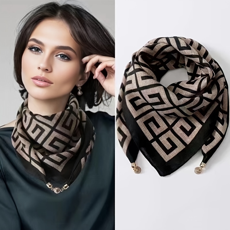 

Elegant Square Scarf With Magnetic Golden Ball Clasp, Spring Summer Lightweight Neck Scarf, Versatile Outdoor Accessory
