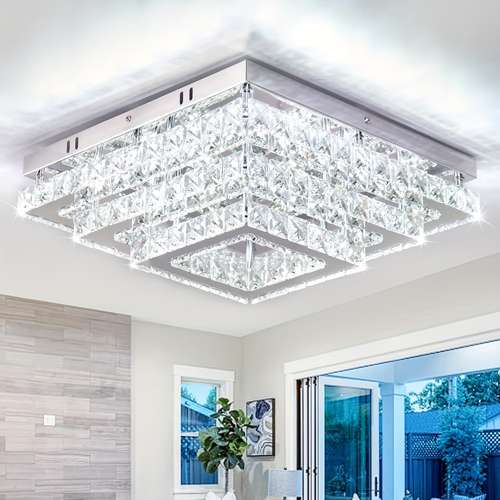 BESTDIXUN Modern Square Crystal Ceiling Light - 24W LED Chandelier For Kitchen, Hallway, Living Room