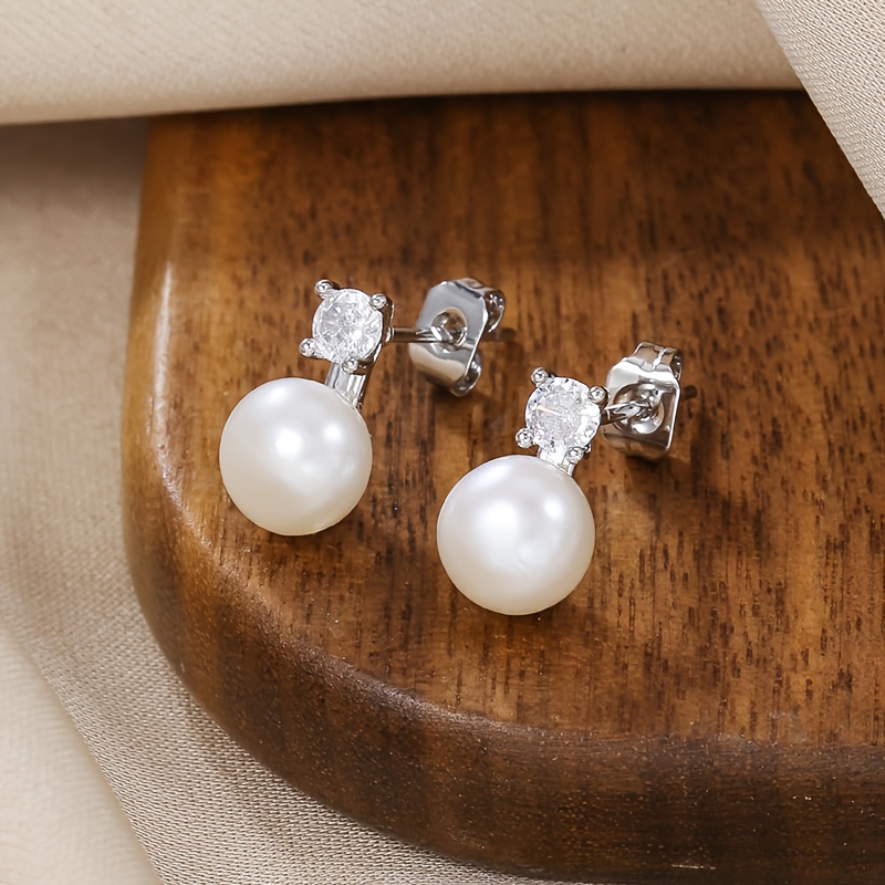 A Pair Of S925 Silver Women's Fashion Stud Earrings, Inlaid With -8mm Synthetic Shell, Mother's Day Jewelry Gift, Hypoallergenic, Silver Weight 1.35g