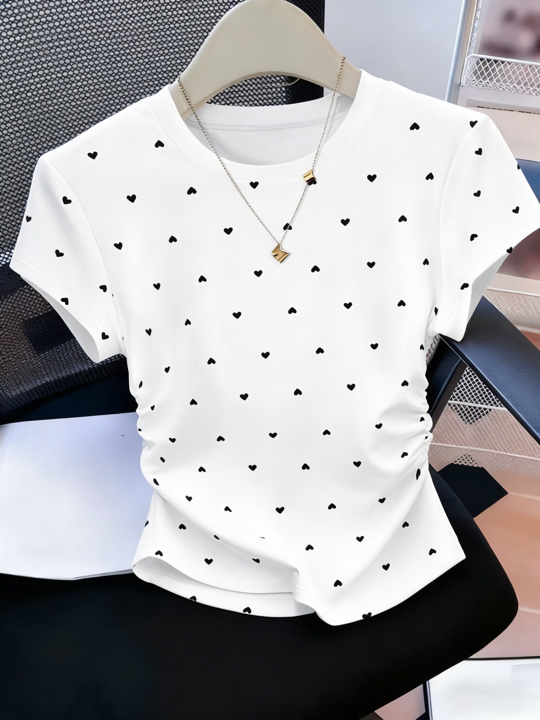 2026   casual ruched hem short sleeve crew neck colorblock heart and polka dot print t shirt spring summer   fit short sleeve fashion t shirt