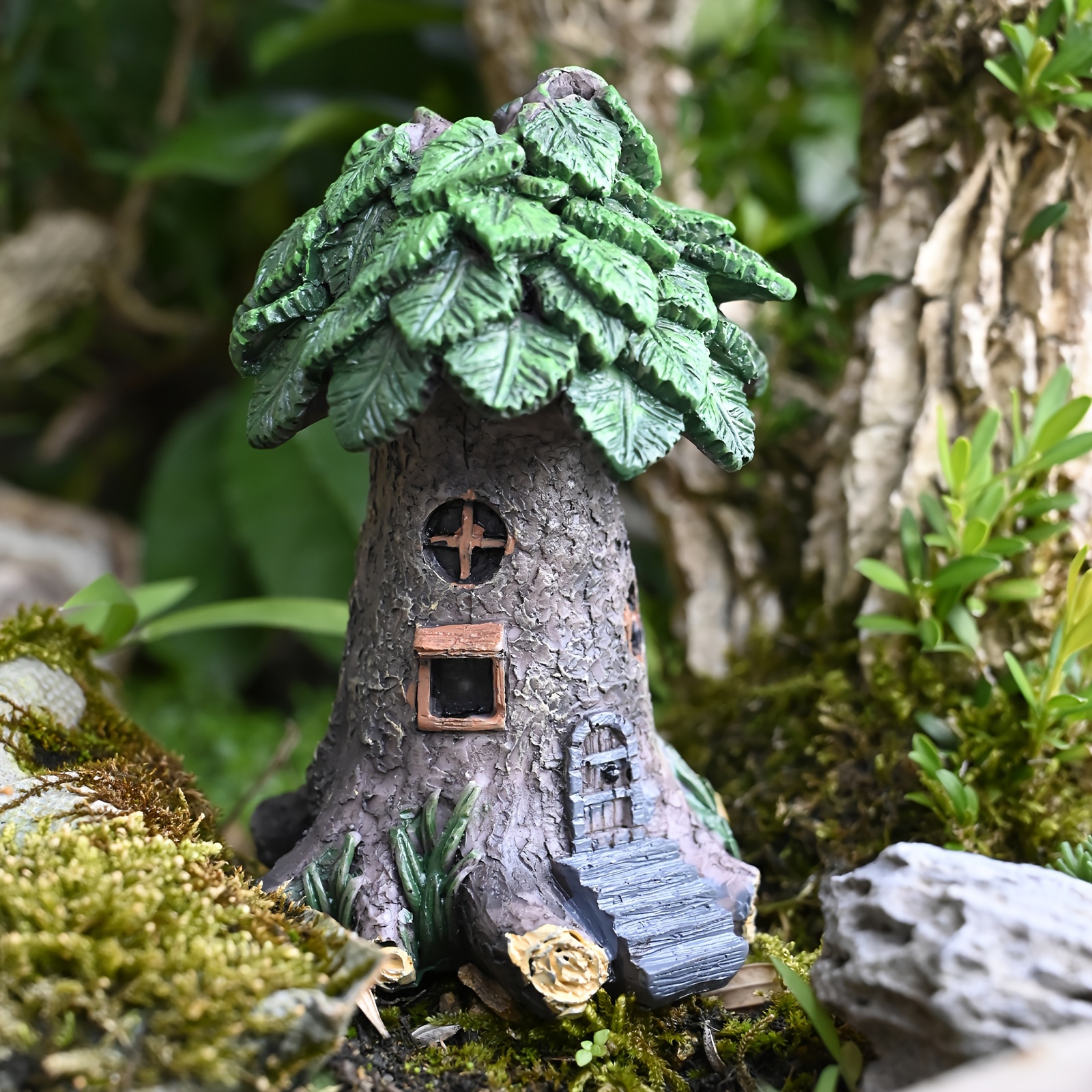 1pc Miniature Fairy Tale Tree House Resin Fairy Garden Decor with Green  Foliage Stone Pathway, Indoor/Outdoor Miniature Landscape for Home,