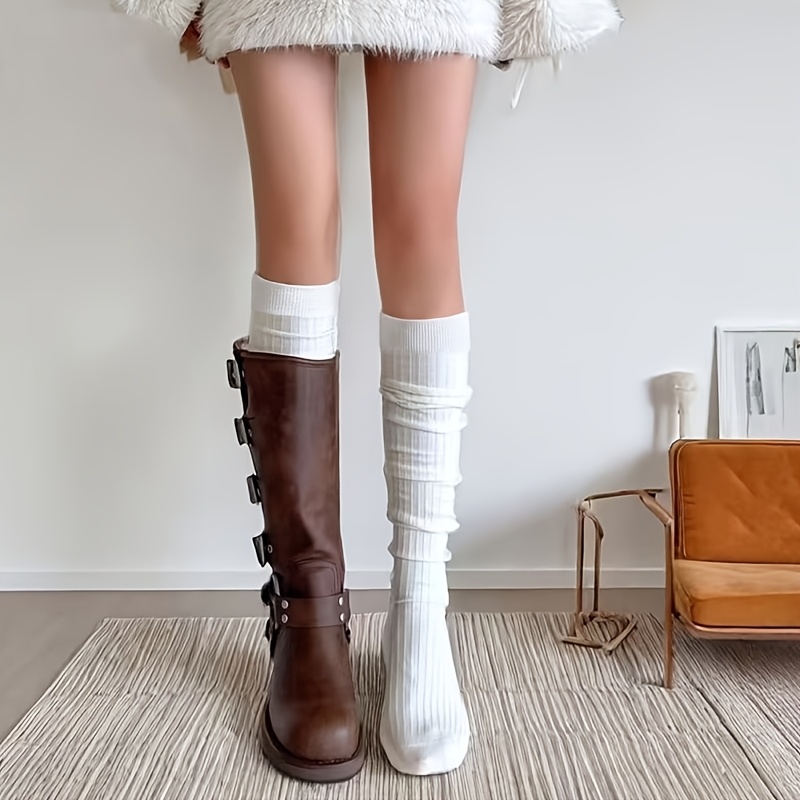 TEMU 1 Pair White Vertical Striped Long Socks Autumn Winter Style Versatile Women's Non-slip Leg Warmers