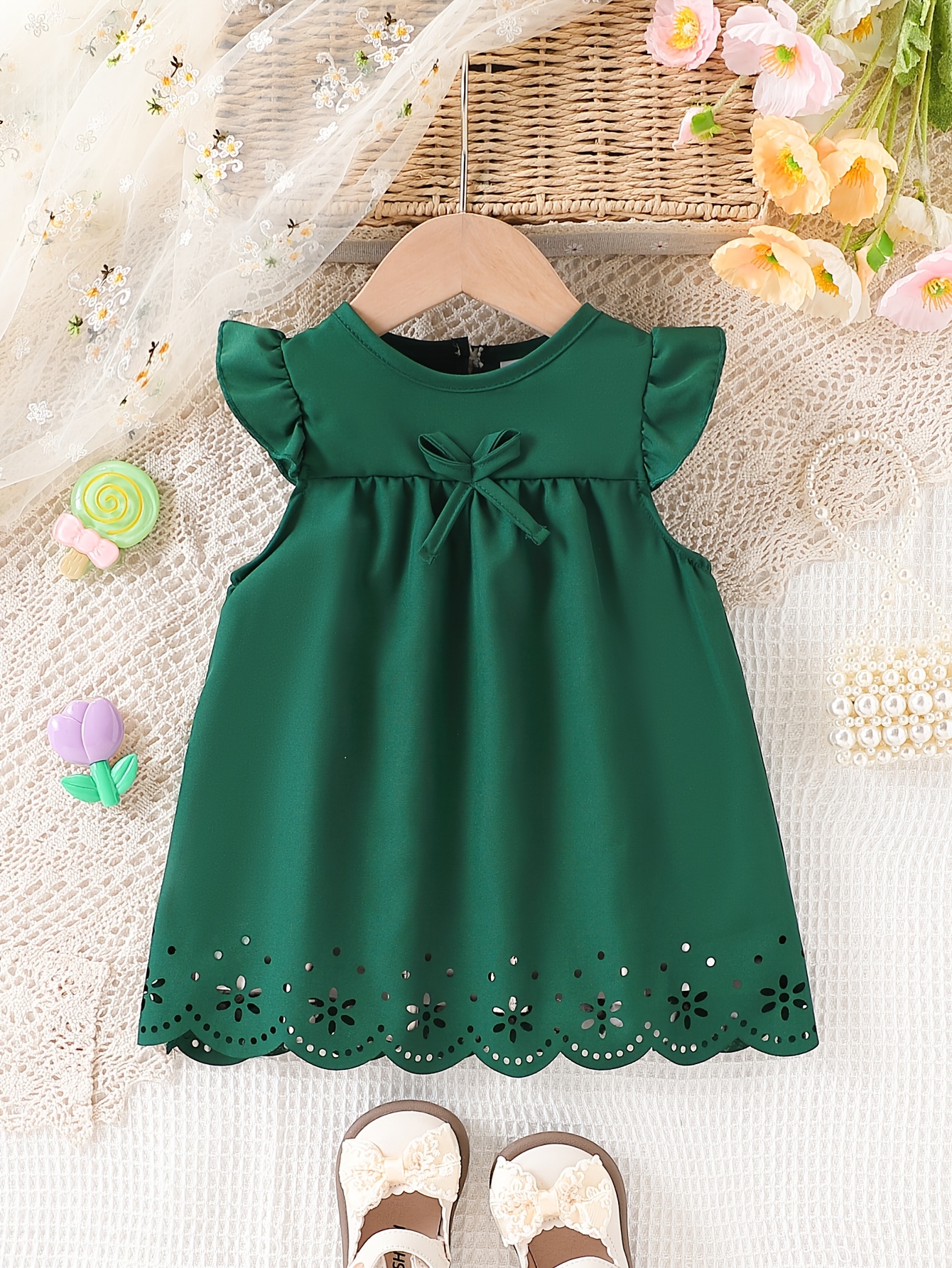 spring summer girls solid color dress girls flutter sleeve - Temu