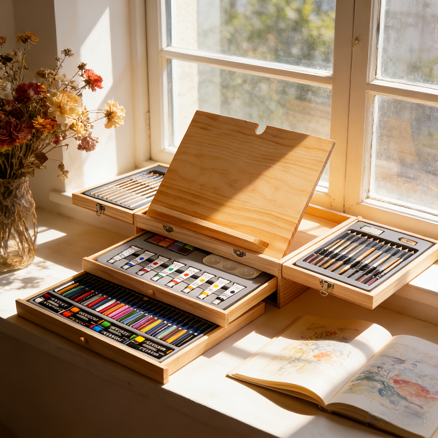 TEMU 84pcs Professional Wooden Portable Luxury Art Set With 10 Brushes, Palette & Easel - Complete Water-soluble System Suitable For Adults,
