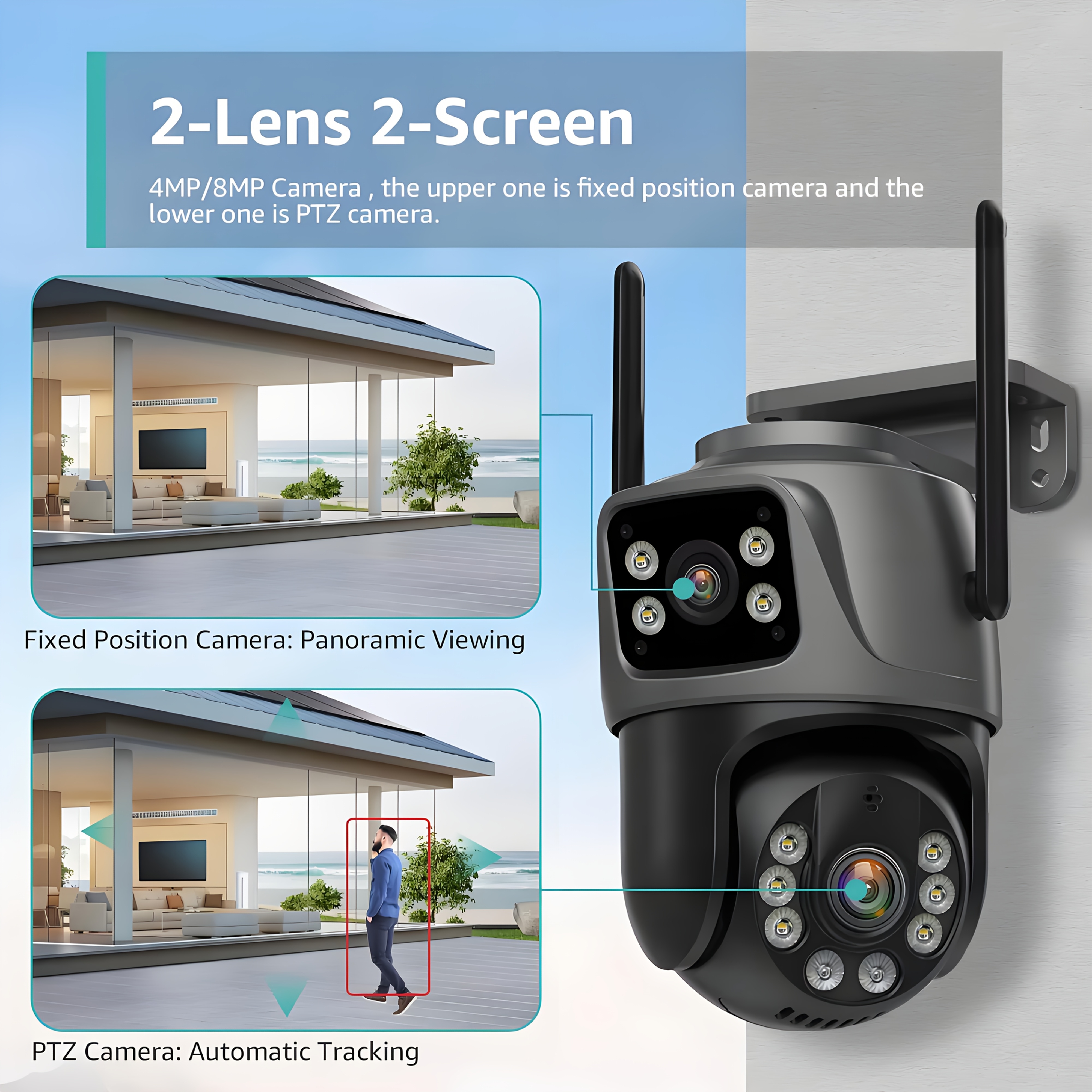 Cámara de seguridad inalámbrica para exteriores de 8MP con lente dual, seguimiento automático, detección humana, visión nocturna a color, grabación 24/7, audio bidireccional, conexión cableada RJ45, almacenamiento en la nube/SD, enchufe europeo, vigilancia exterior, vigilancia moderna