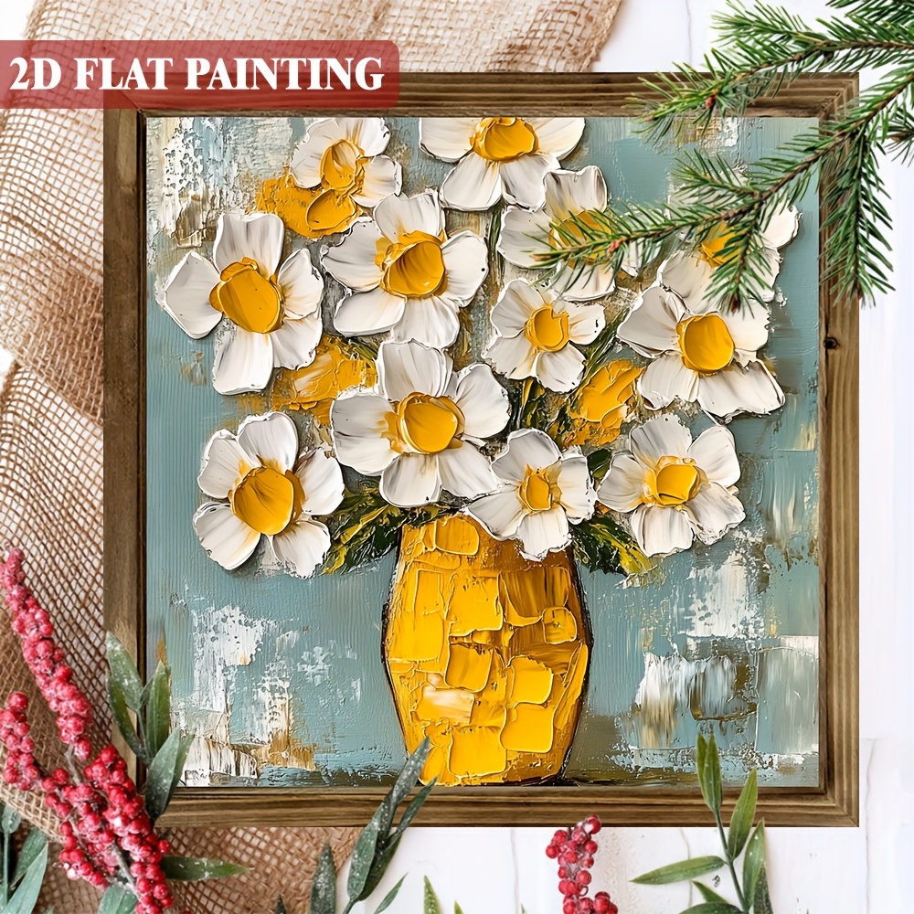 TEMU 1pc Vibrant Floral Wall Art - Yellow & White Flowers In Vase With Wooden Frame, 8x8 Inch Botanical Painting For Spring & Holiday Decor, Home