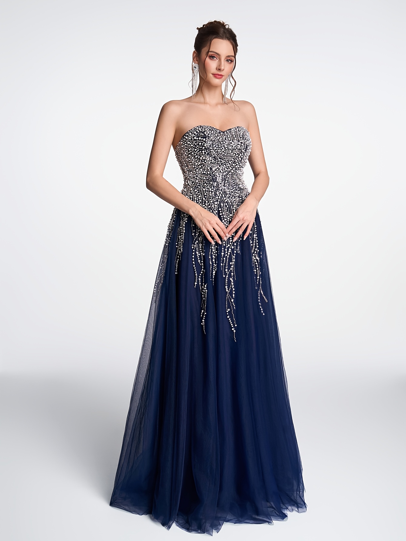 Deep Sea Fringe: Navy Blue Beaded Evening Gown | Halter Neck, Backless,  Waist-Cinching, Flared Skirt