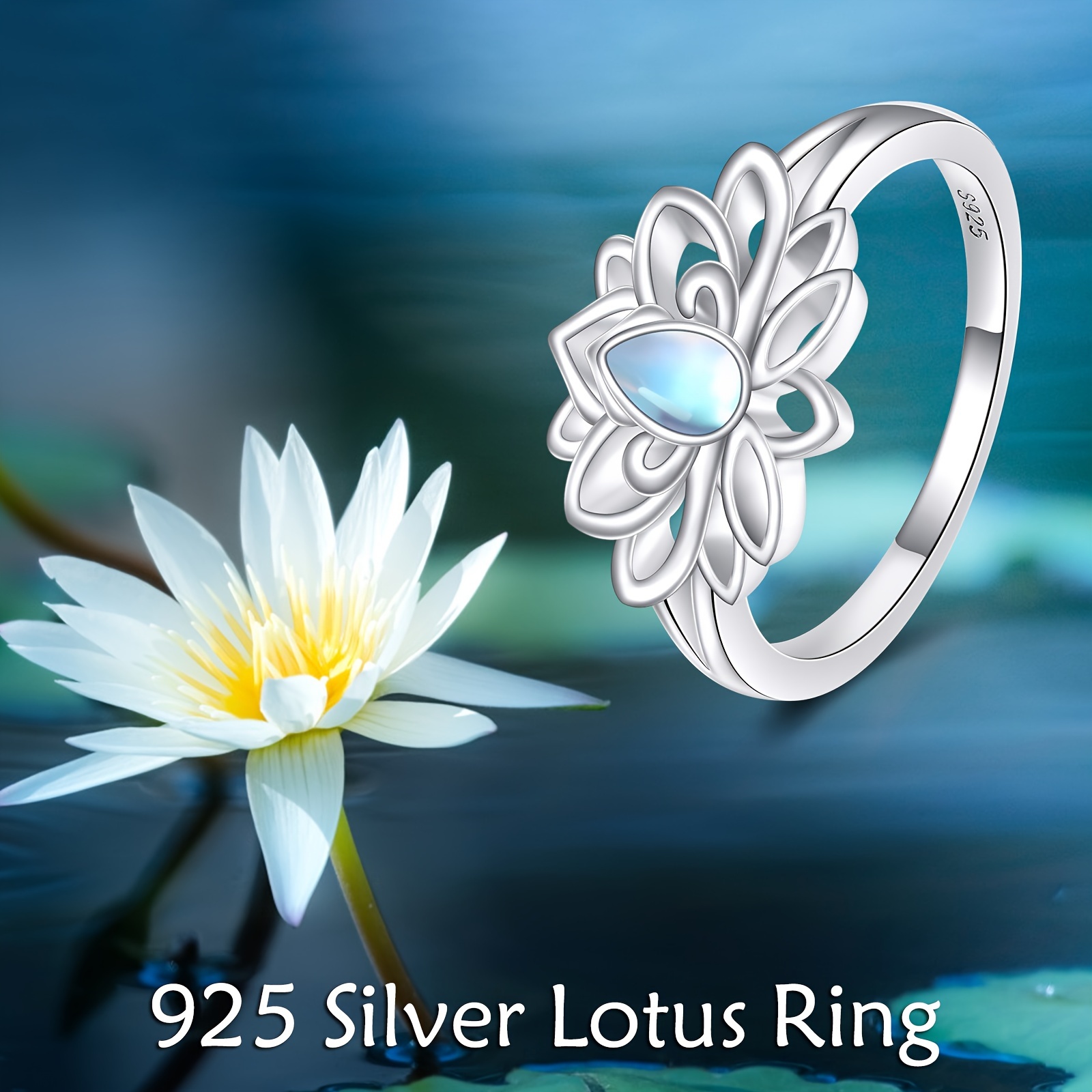 Moonstone Lotus Ring 925 Sterling Silver Flower Jewelry