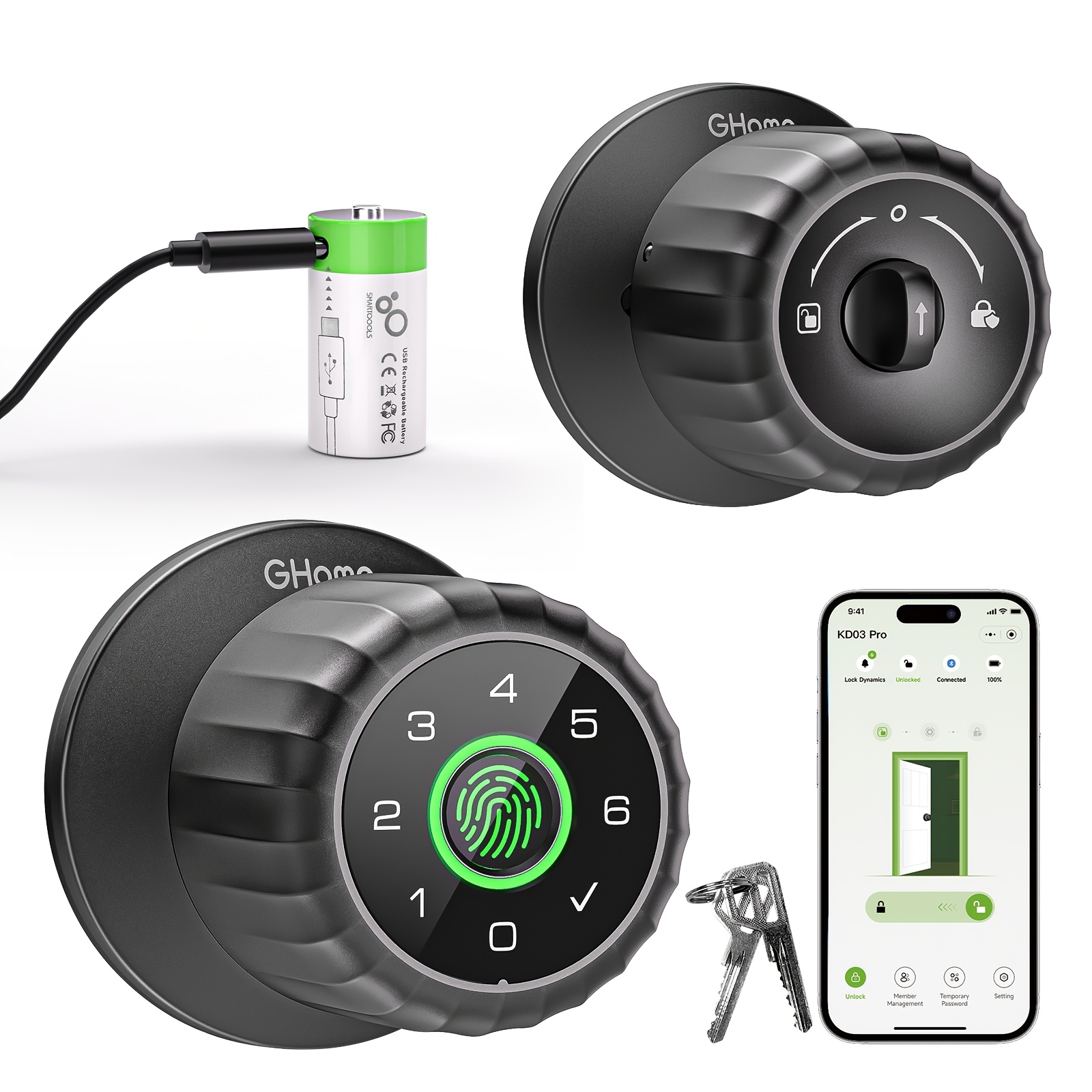 TEMU -in-1 Fingerprint Door Knob Lock With Biometric Handle, Keypad, App Control, Usb Type-c Rechargeable Battery, Wireless Connection, Anti-peep