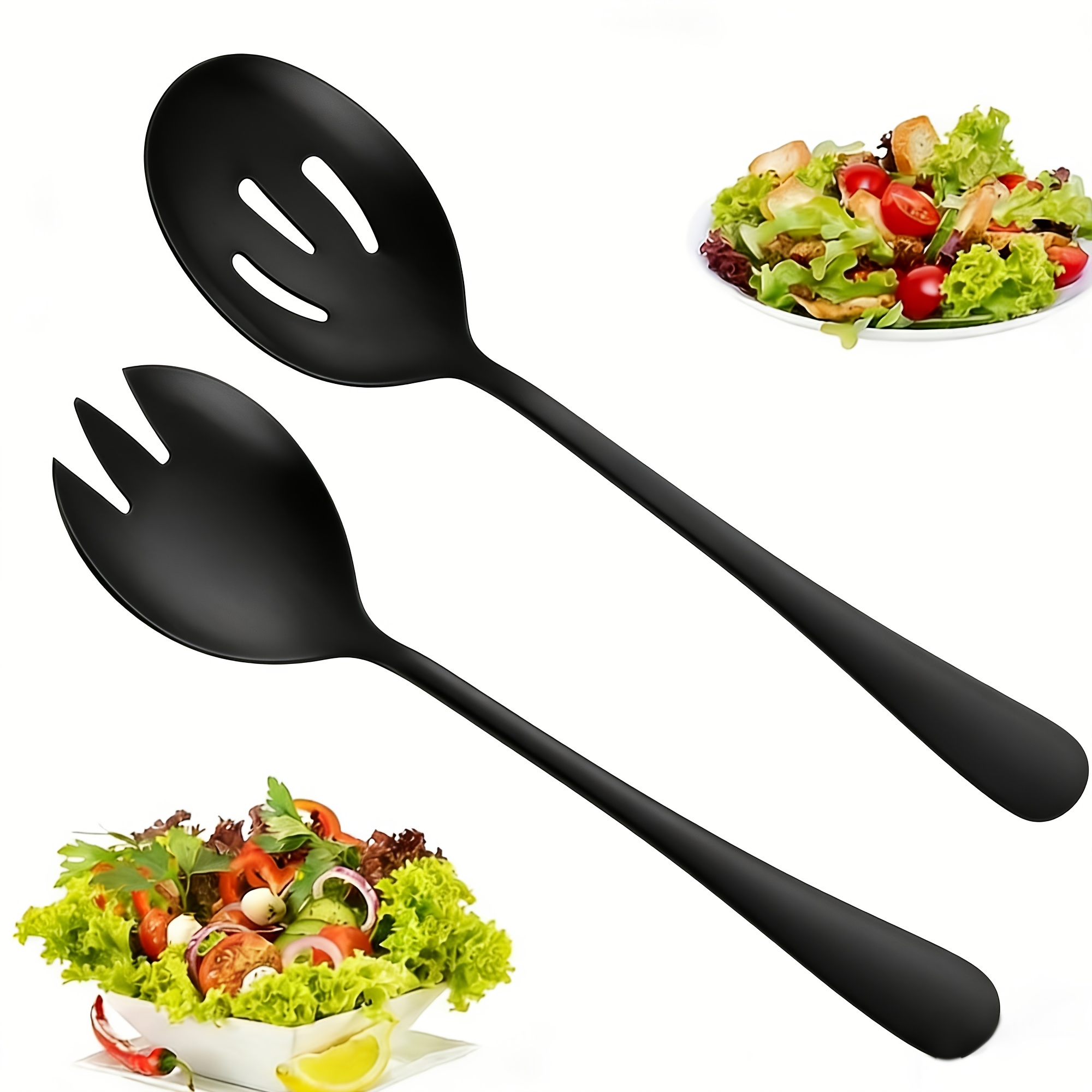 2pcs Stainless Steel Salad Cutlery, Slotted Spoon Three-tooth Fork Filter Spoon Service Set, Suitable For Dessert Salad Pasta Fruit Multi-functional , Suitable For Restaurant