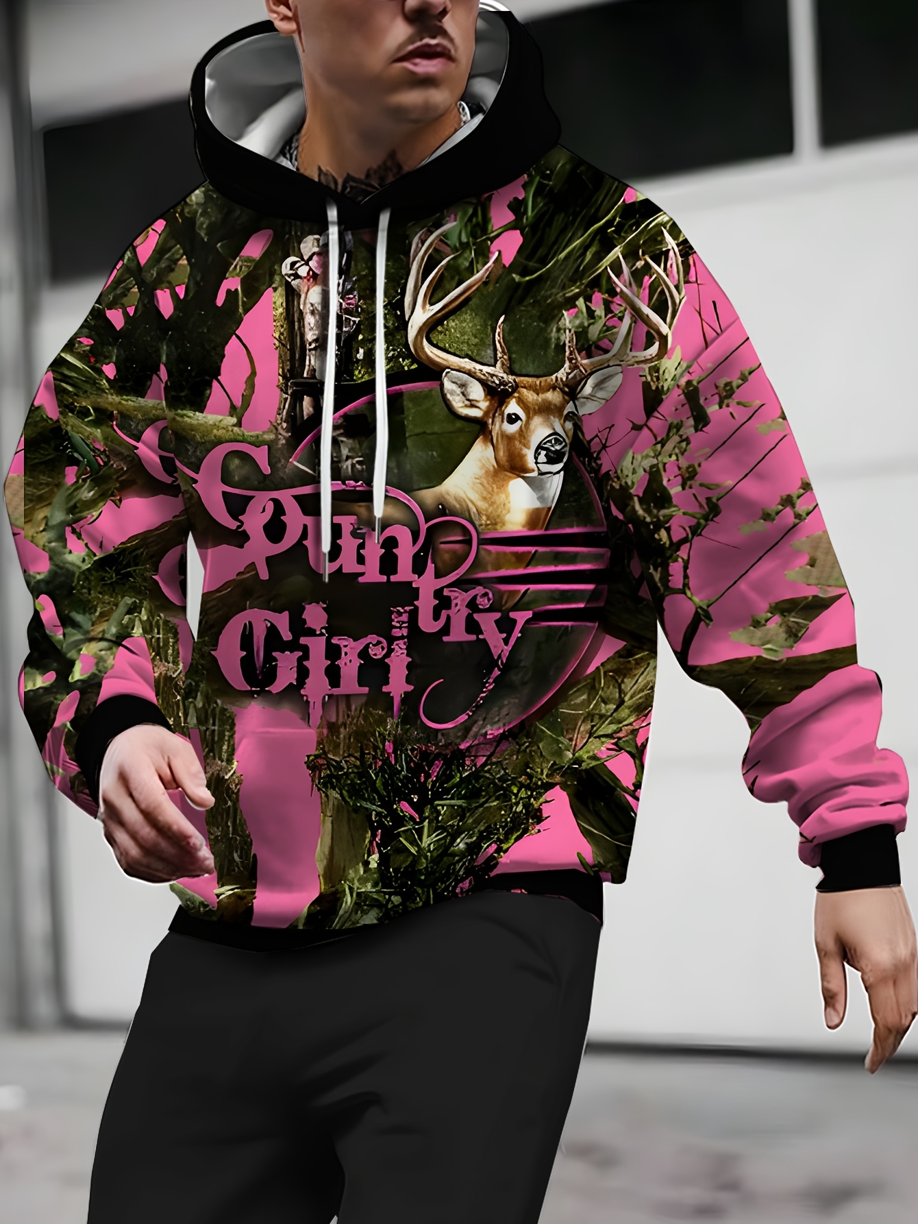 *'s Plus Size Camo Pink Deer Print Hoodie Casual Polyester Blend  Pullover with Stretch, Kangaroo Pocket, and Drawstring Hood, PLUS SIZE