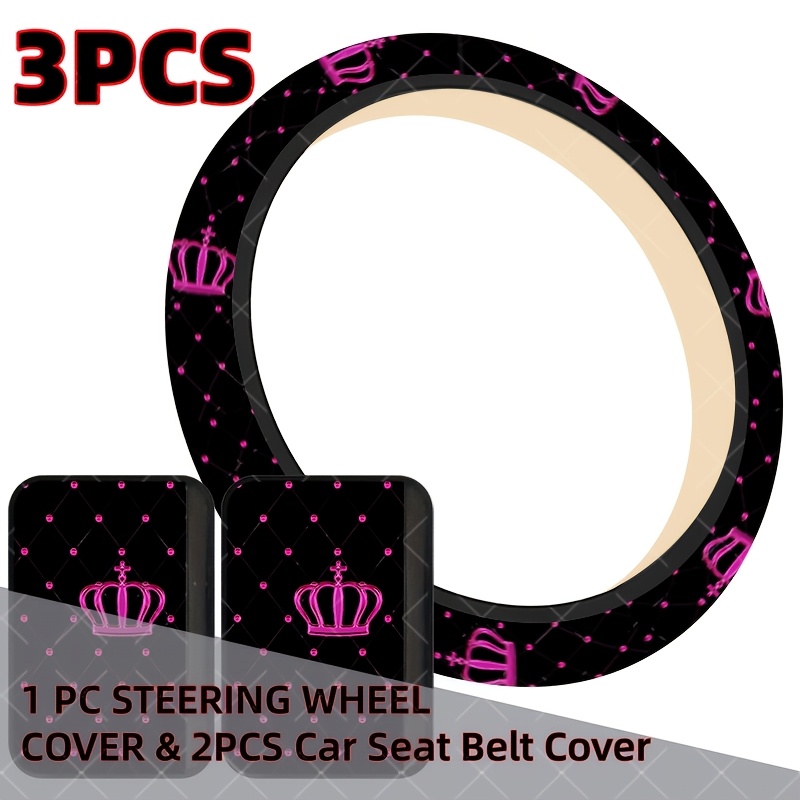 TEMU 3pcs/set Crown With Studded Diamond Pattern On Black Background Car Interior Set, , Includes 1pc Universal Car Steering Wheel Cover, 2pcs