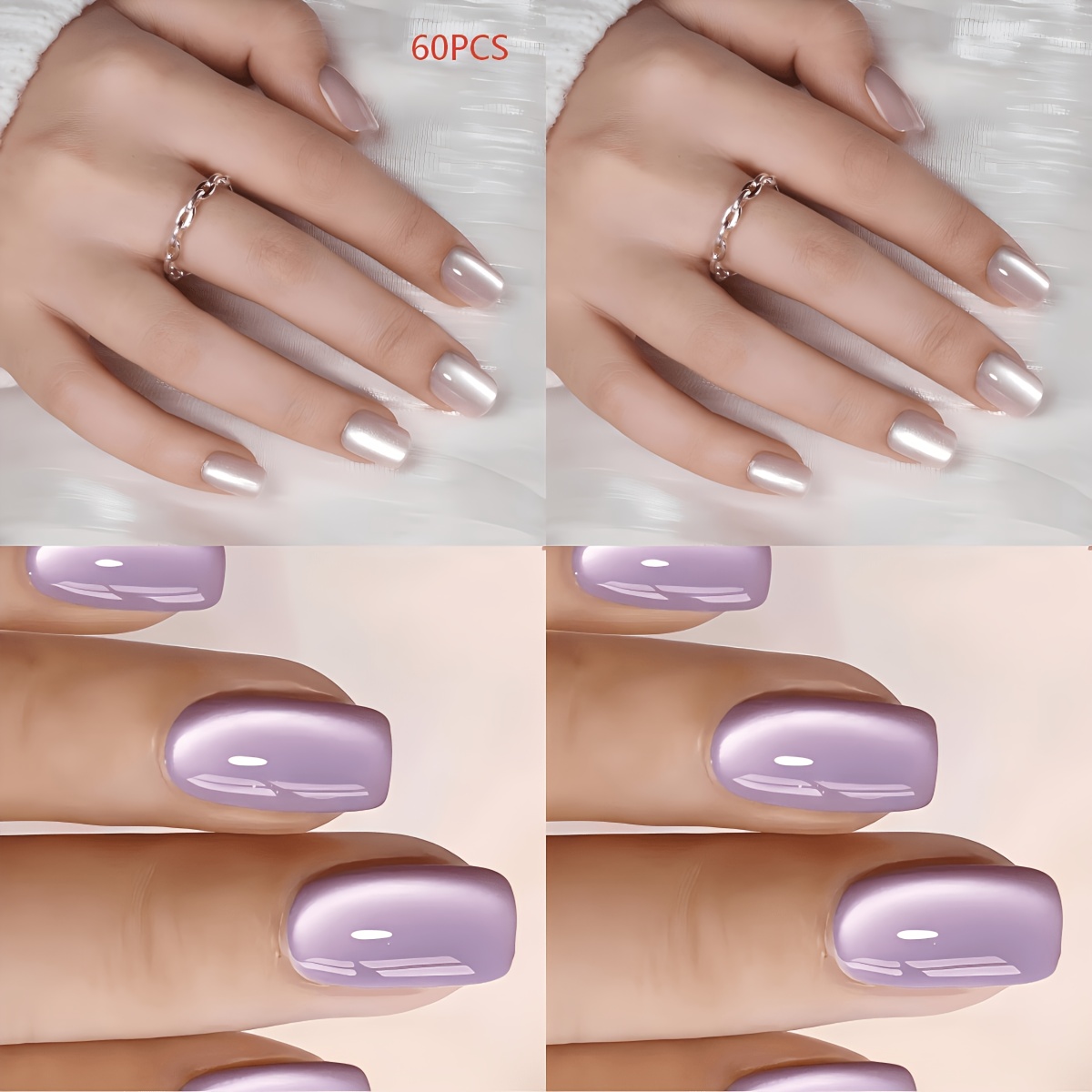 TEMU 60pcs Short Square Mixed Aurora Mirror Pre-made Nails, Silvery Light Daily Wear Nails, Reusable False Nails