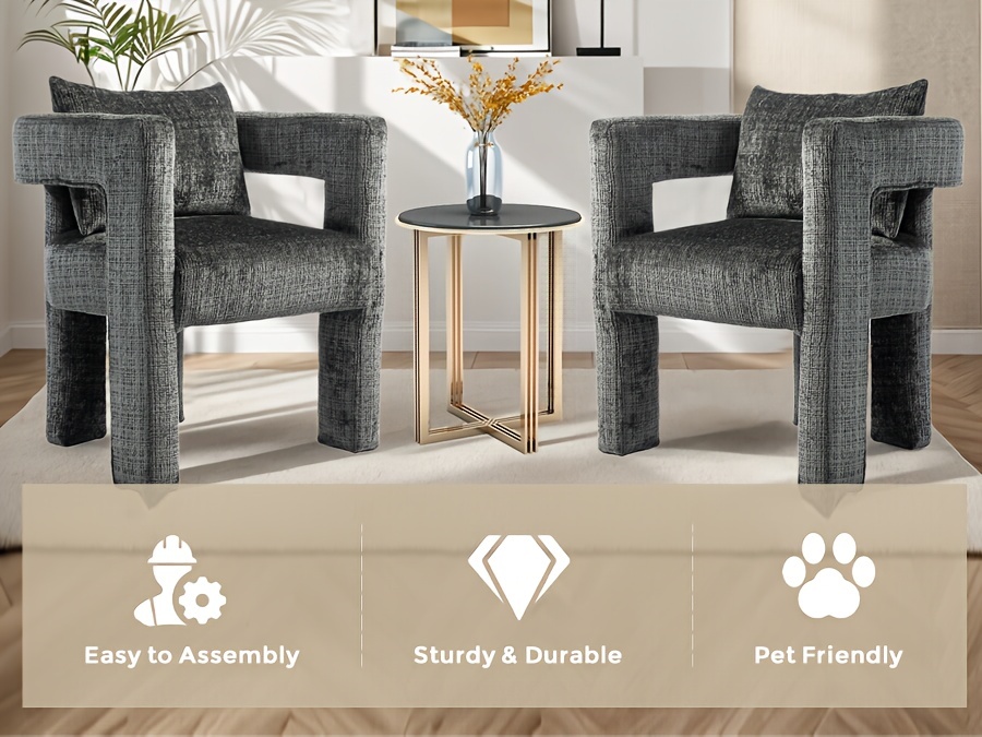 2 set of moden chenille accent chair upholstered barrel dining chair with a curved backrest and armrests side chair for living room with comfortable cushions and pillows details 1