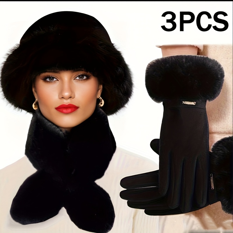 TEMU 3pcs Winter Warm Accessory Set For Women - Polyester Fiber Material, Includes Gloves, Scarf, And Beanie, Suitable For Cold Weather And Outdoor