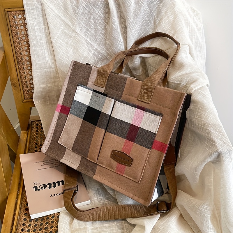 Fashion Trendy Spring Summer New Single Shoulder Crossbody Handbag Canvas Tote Grid Women'