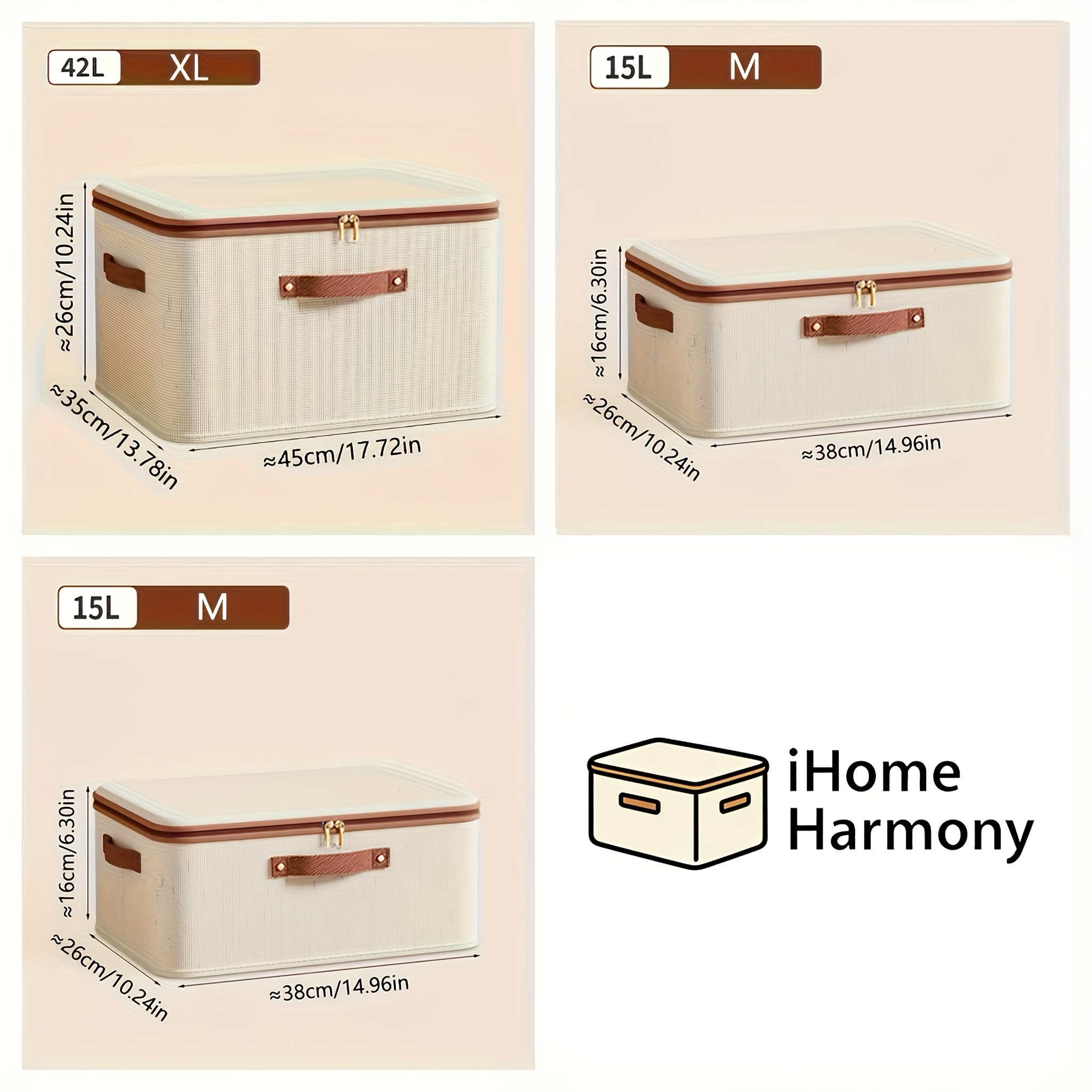 3pcs/Set Minimalist Beige Zipper Storage Box with Lid