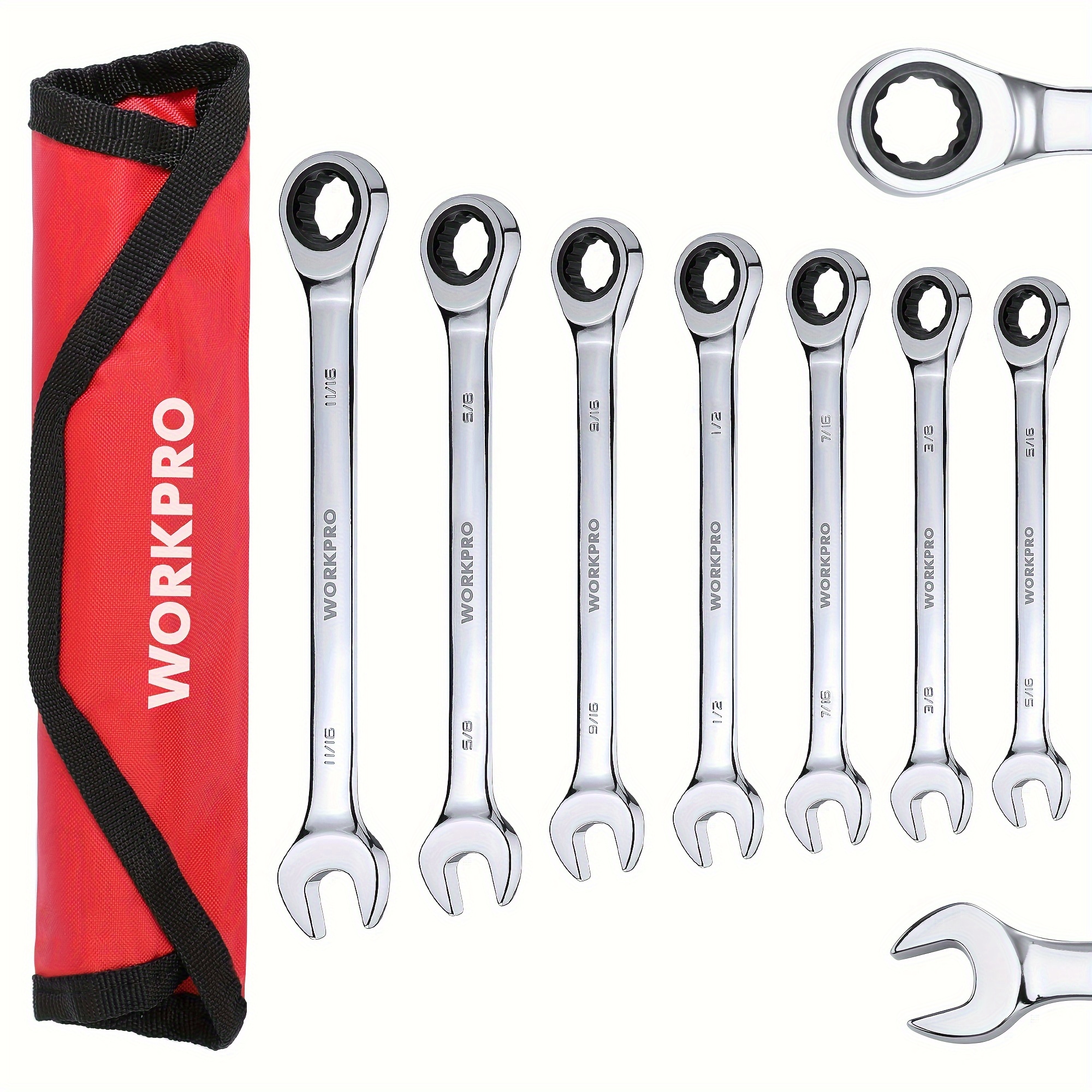 

Workpro 7-piece Ratcheting Combination Wrench Set, 72 Teeth, Combo Ratchet Wrenches Set With Roll Up Pouch, Sae 5/16"-11/16