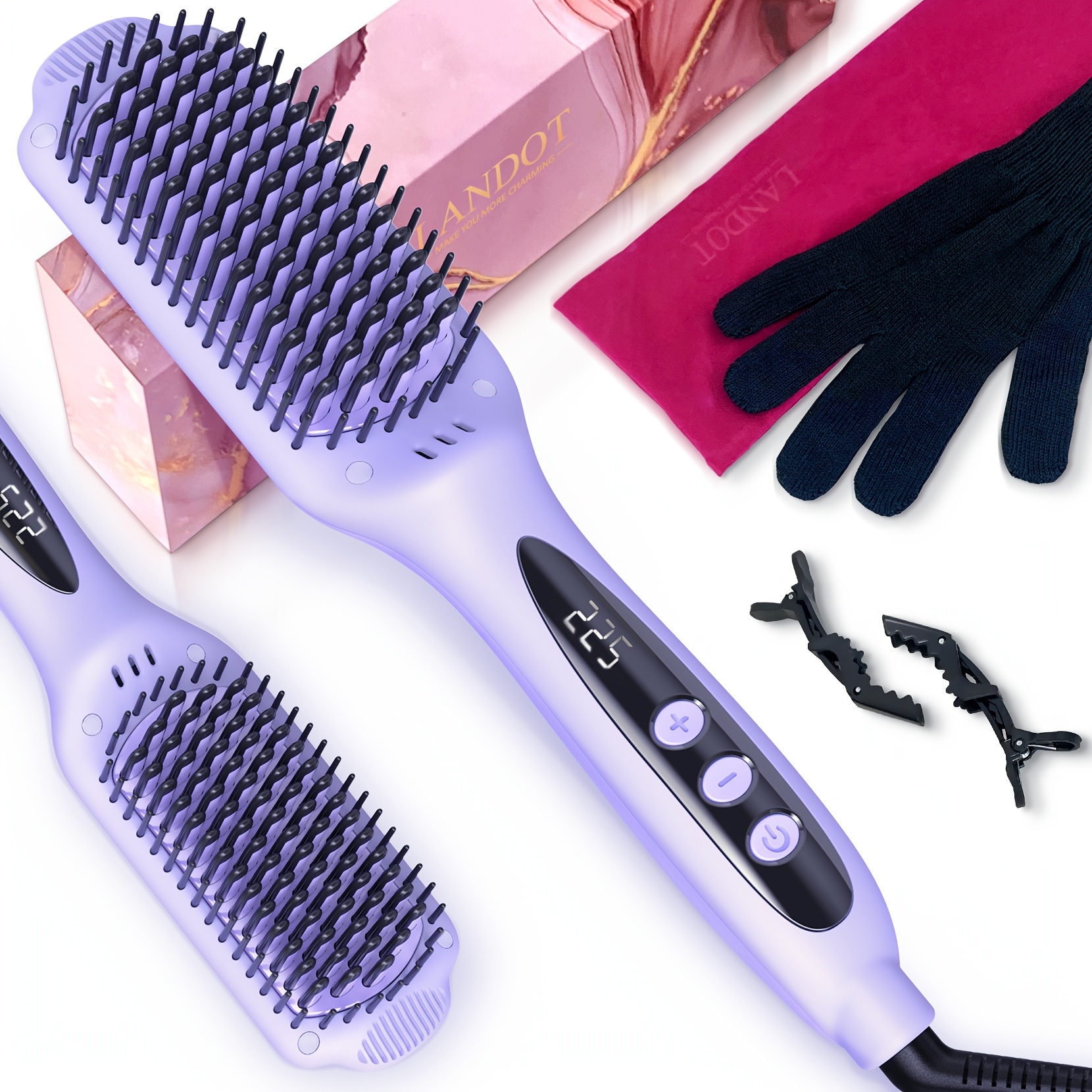 

Landot Hair Straightener Brush Straightening Brush - Negative Ion Brush Straightener For Smooth Hair - Dual Voltage Ceramic Straightening Brush With Gifts Box For Her