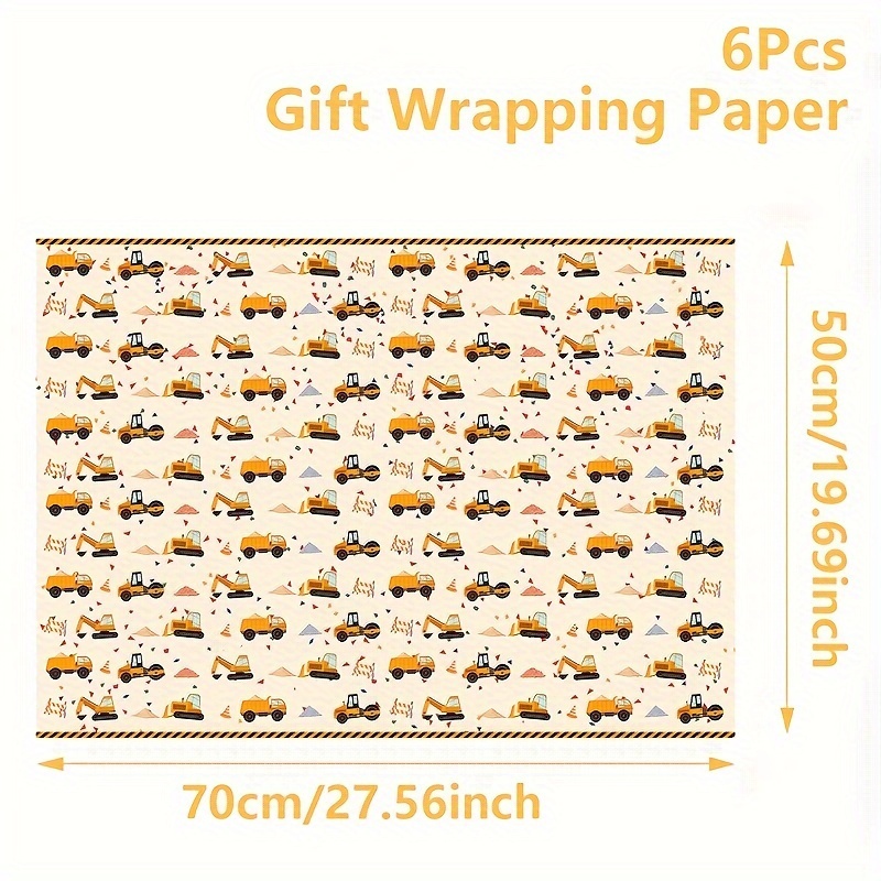 TEMU 6pcs, Engineering Vehicles Theme Birthday Gift Wrapping Paper, Engineering Vehicles Pattern Gift Wrapping Paper, Birthday Party Gift Wrapping