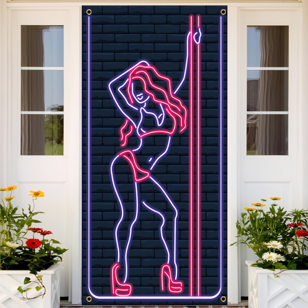 

1pc, Bachelorette Door Cover Banner, Polyester, Neon Pole Dancing Porch Sign Backdrop Birthday Party Front Door Hanging Indoor Outdoor Home Mural Decor 70x35 Inch