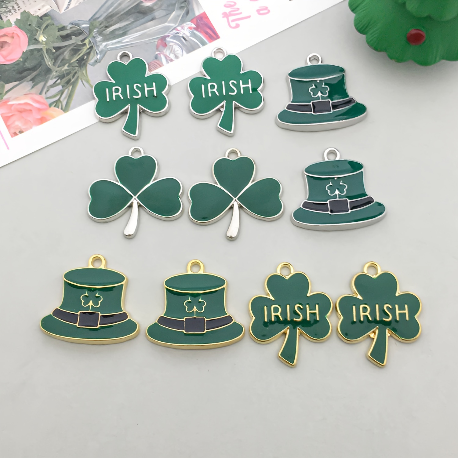 

10pcs Alloy Enamel Green 's Day Set Series Pendant Jewelry Making Diy Keychain Earrings Pendant Design Charms For Jewelry Making Bracelets Necklace