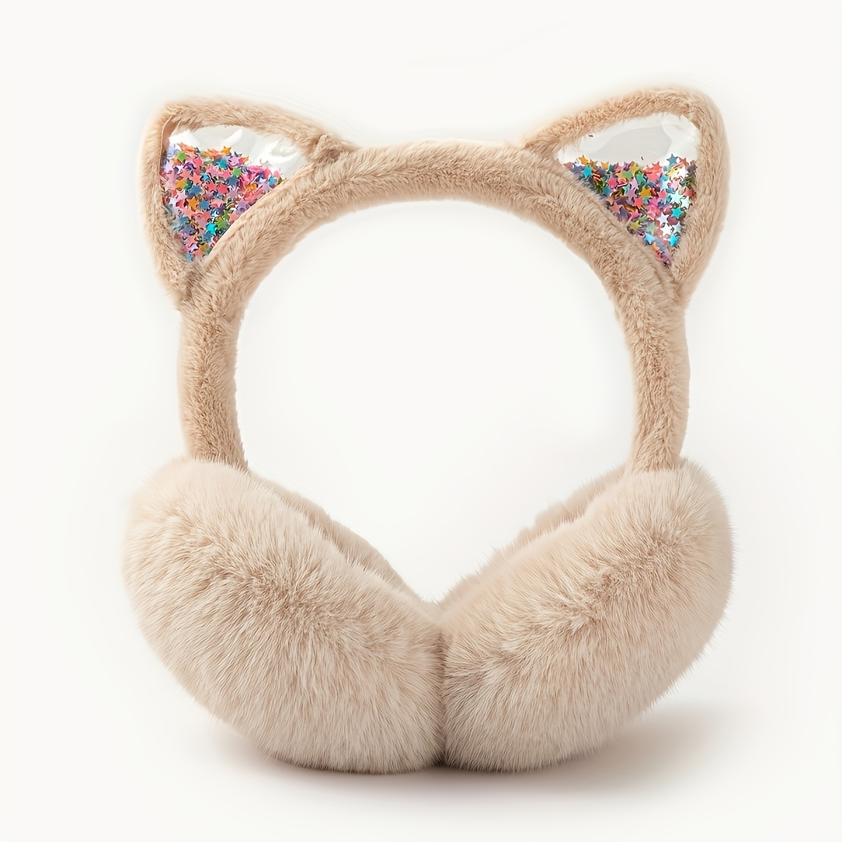 

Chic Women's Cat Ear Foldable Winter Earmuffs - Sparkling Sequin Design, Solid Color Polyester, Hand Wash Only