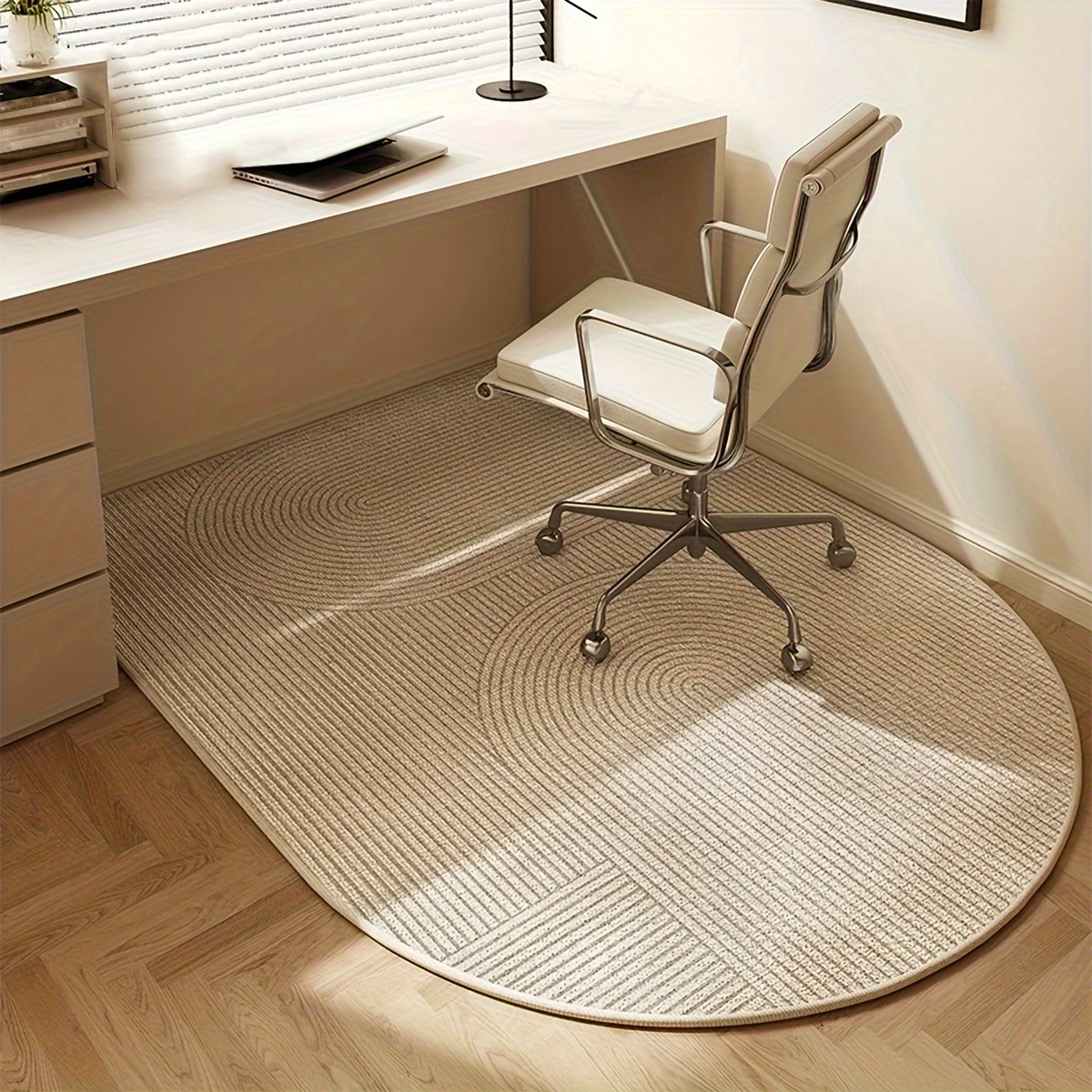 

1pc Plastic Base And Loop Stripes Study Room Carpet Rug, Half Oval Shaped Rustic Floor Mat, Hand Wash Non-slip Decorative Rug For Chair