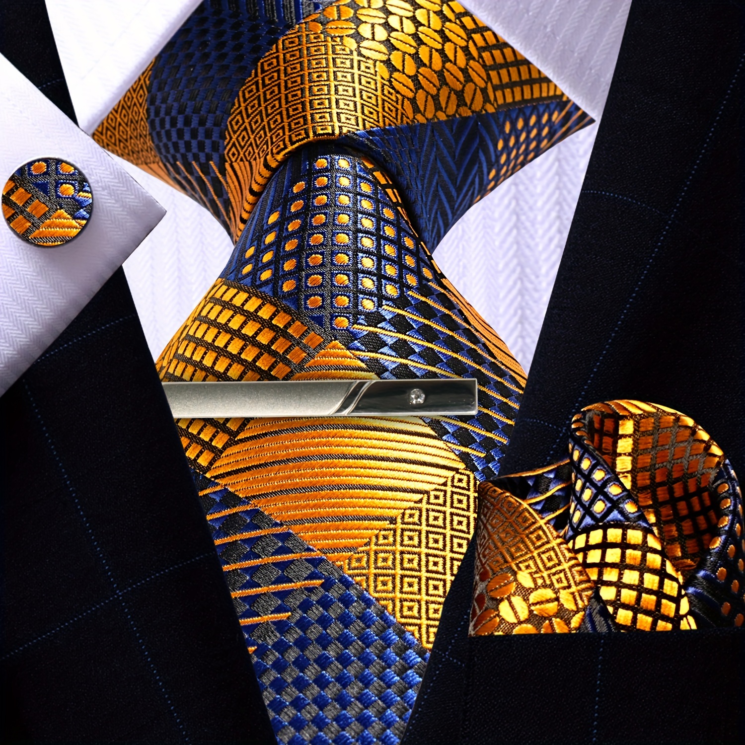 

4pcs Mens Tie With Pocket Square Cufflinks And Clip Set Golden And Blue Plaid Necktie For Wedding Party Business