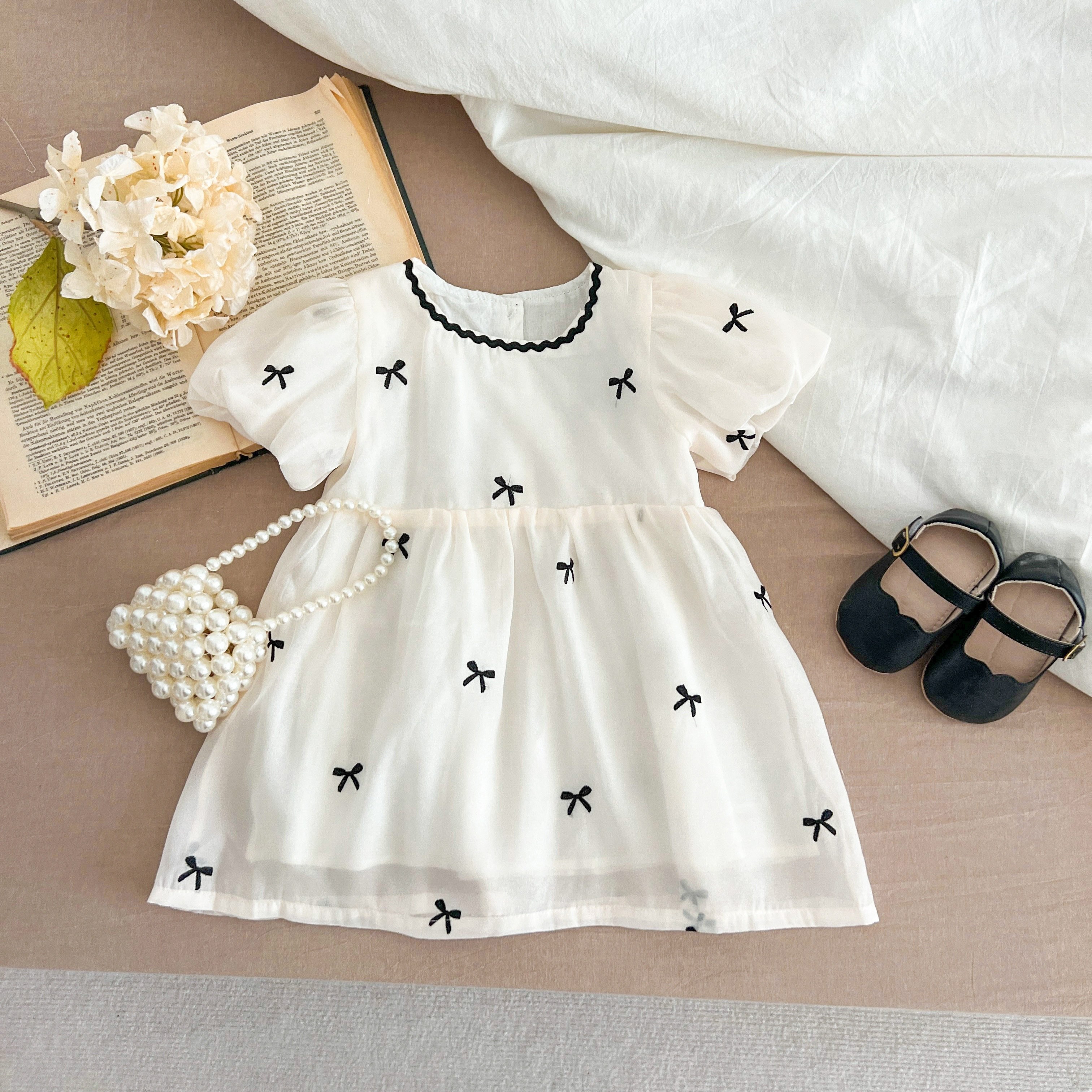 girls white bubble short sleeve tulle dress black bow - Temu