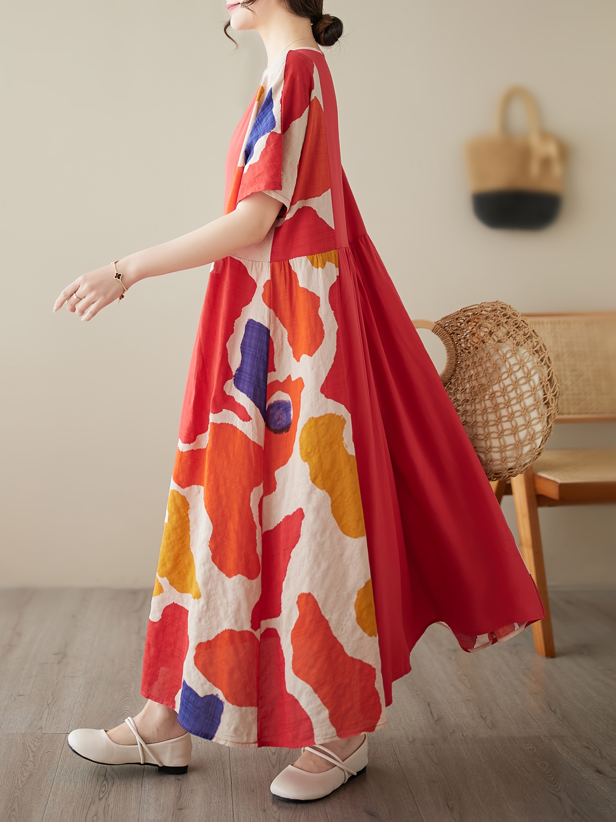 chinese dress ladies Women's Summer Literary Loose Pattern Print Medium Sleeve Cotton and Linen  Solid Colour Dress Five Point Sleeve Medium Length Dress, 62, S :  Amazon.de: Fashion main image 1