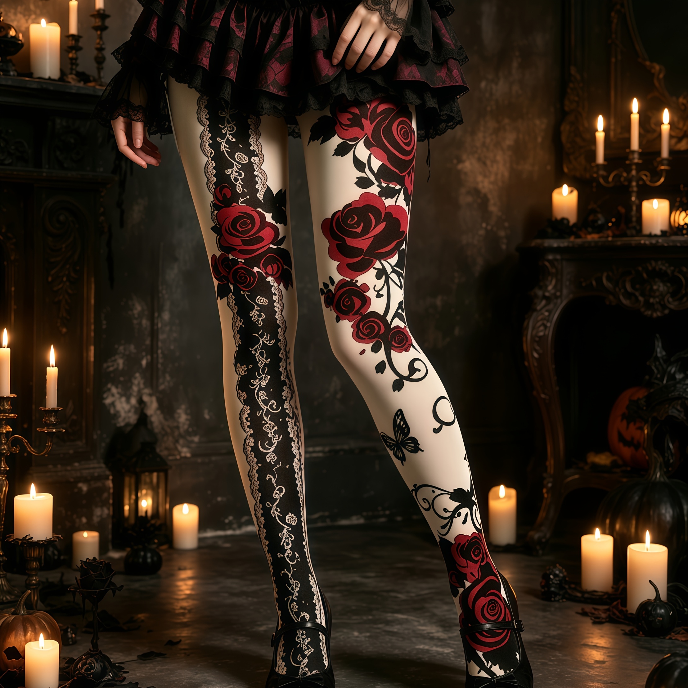 TEMU 1 Pair Women's Printed Velvet Tights, Gothic Y2k Style, A Must-have Item For Fashionistas, Daily Wear, Dates, And Parties, , Exquisite Style,
