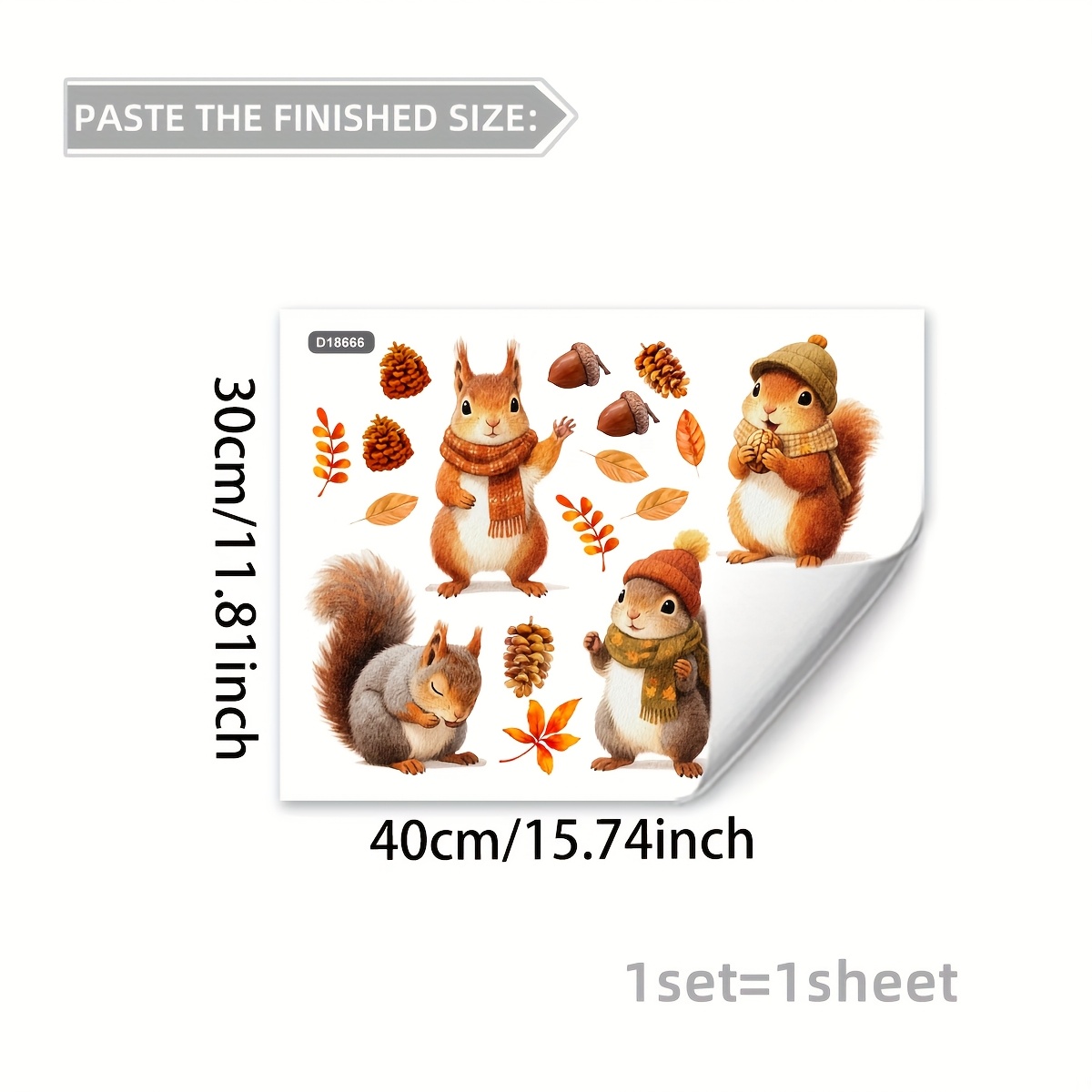 A -drawn Autumn Squirrel Leaf Window Sticker, Double-sided Glass Static Cling For Bedroom, Living Room, , Window Decoration Sticker D18666.